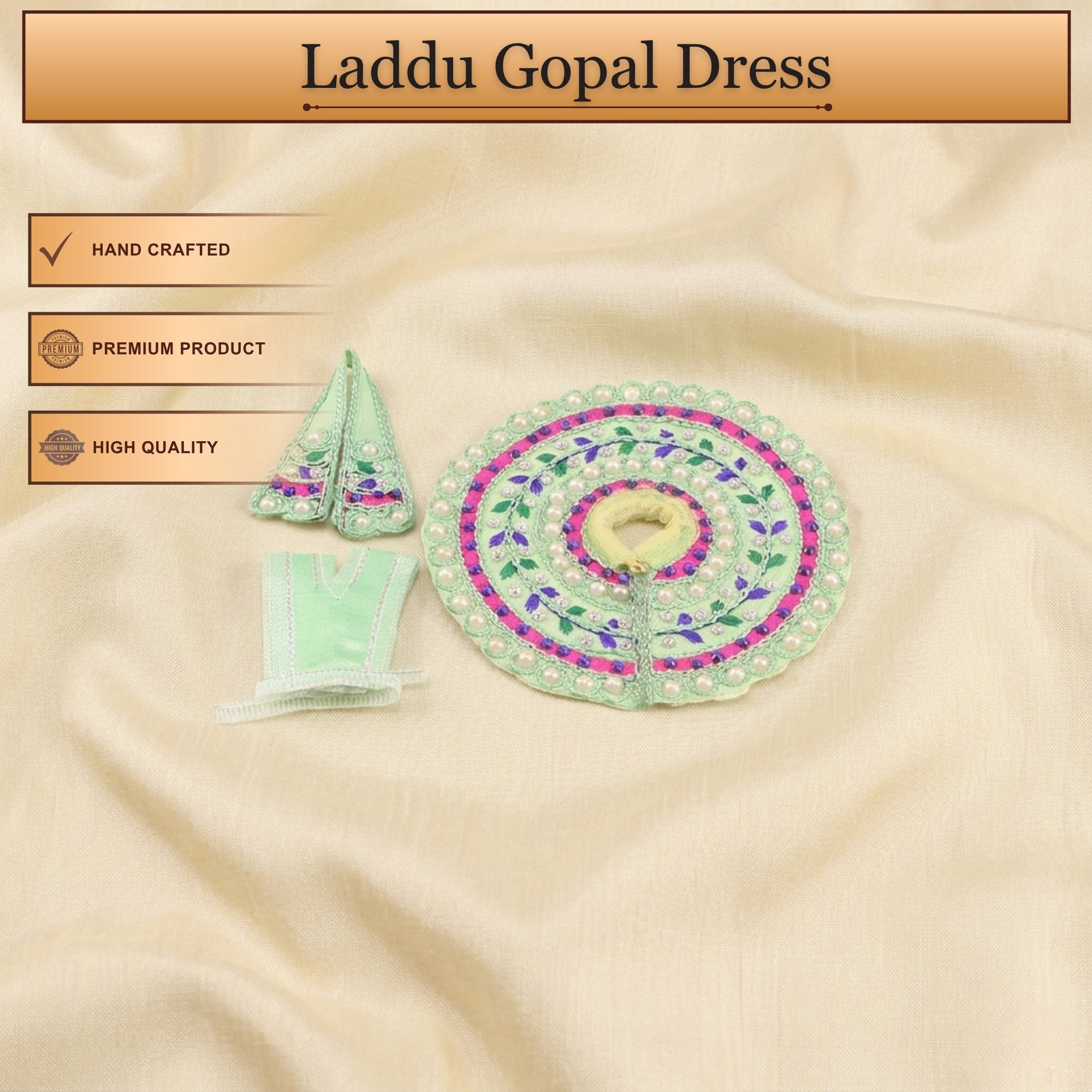 Handcrafted green Laddu Gopal poshak with matching cap and Patka accessories
