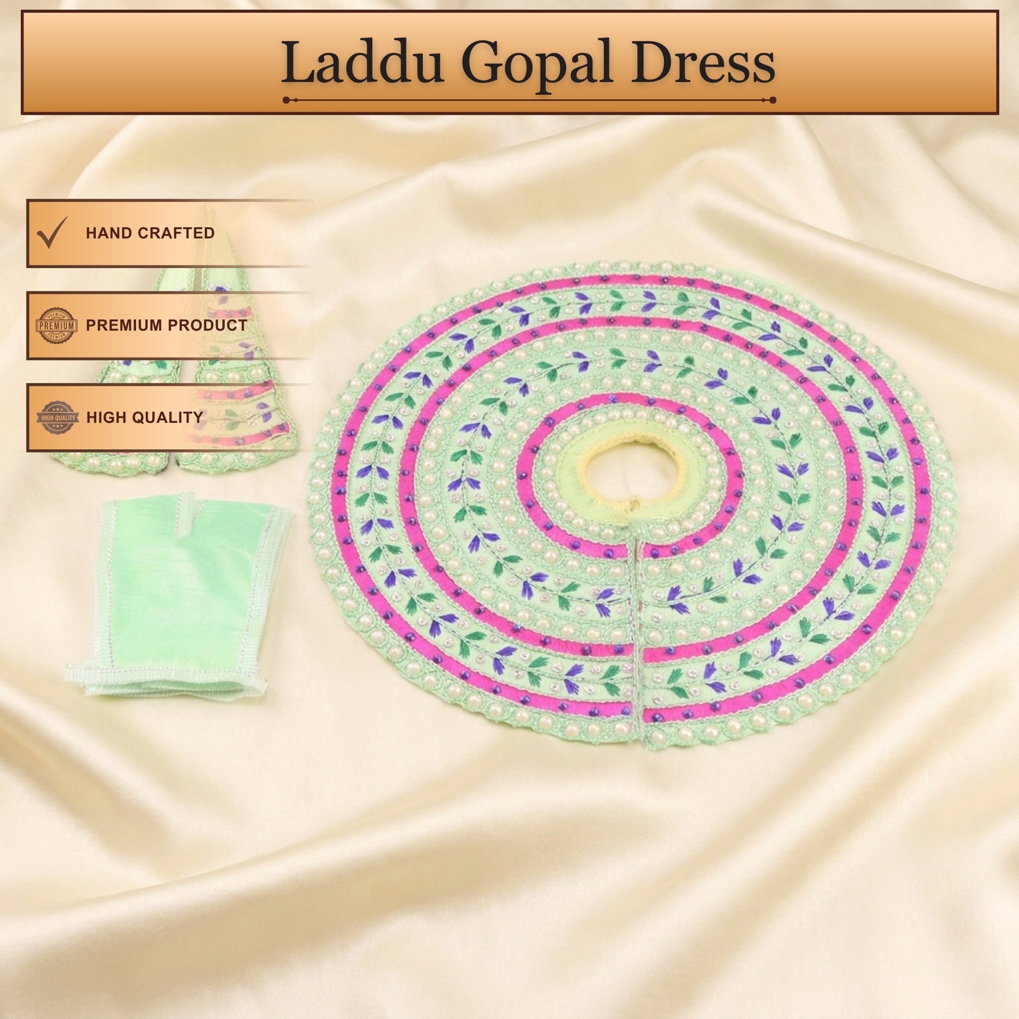 Handcrafted green Laddu Gopal poshak with matching cap and Patka embroidery