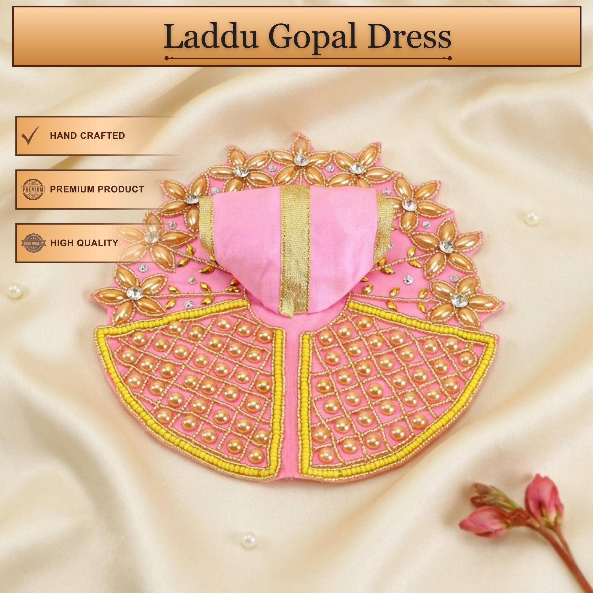 Handcrafted pink Laddu Gopal poshak with matching cap and golden floral embroidery