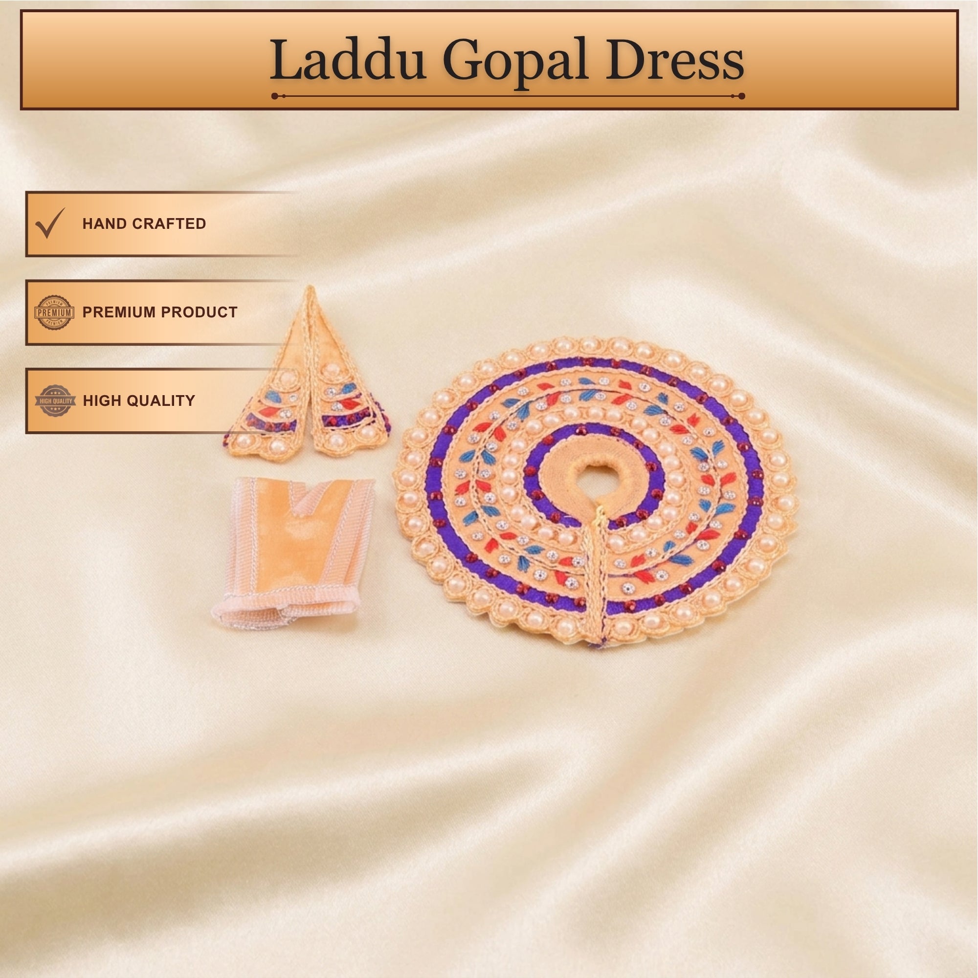 Handcrafted orange Laddu Gopal poshak with matching cap and Patka embroidery