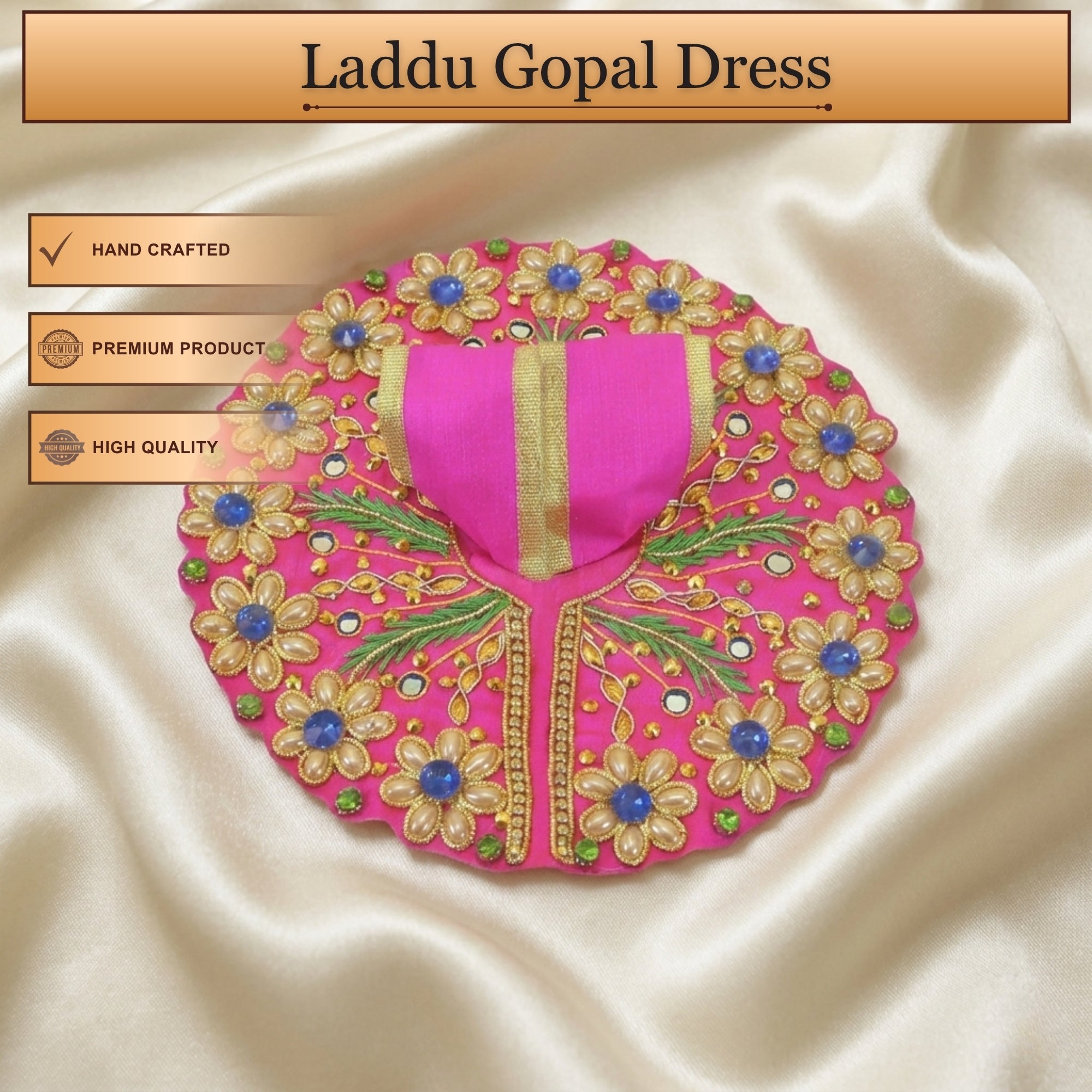 Handcrafted pink Laddu Gopal poshak with matching cap and peacock mirror embroidery
