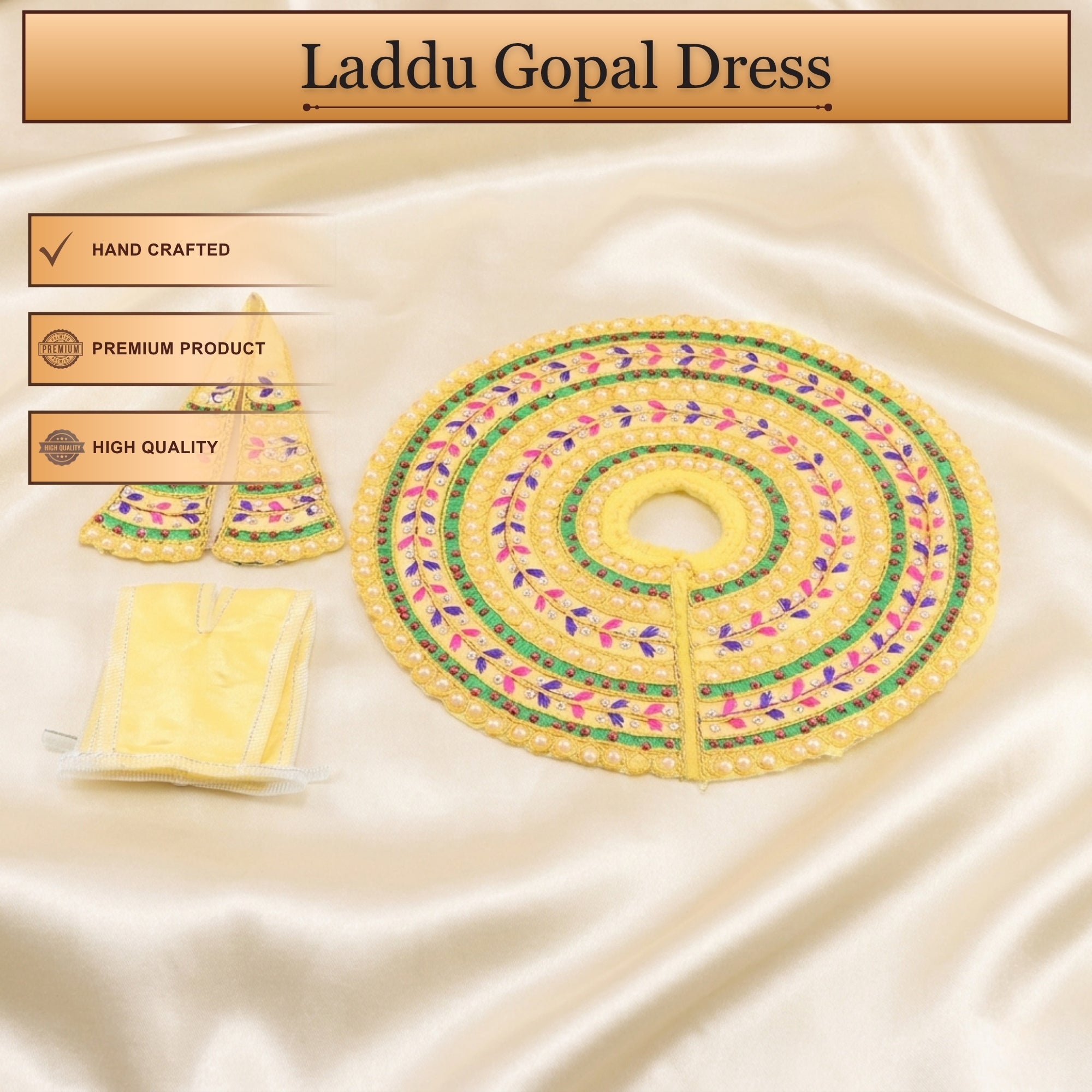 Handcrafted yellow Laddu Gopal poshak with matching cap and Patka accessories
