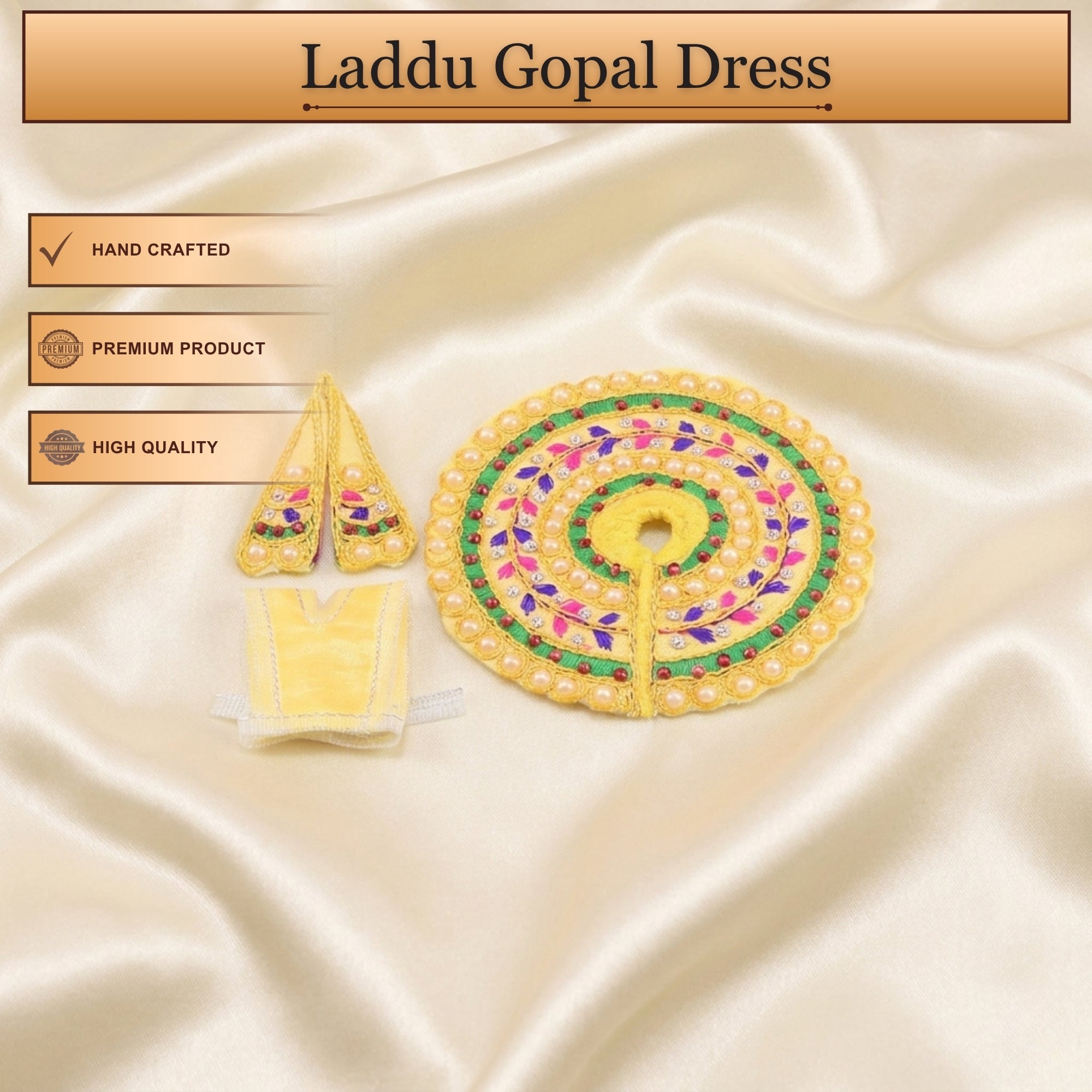 Handcrafted yellow Laddu Gopal poshak with matching cap and Patka embroidery