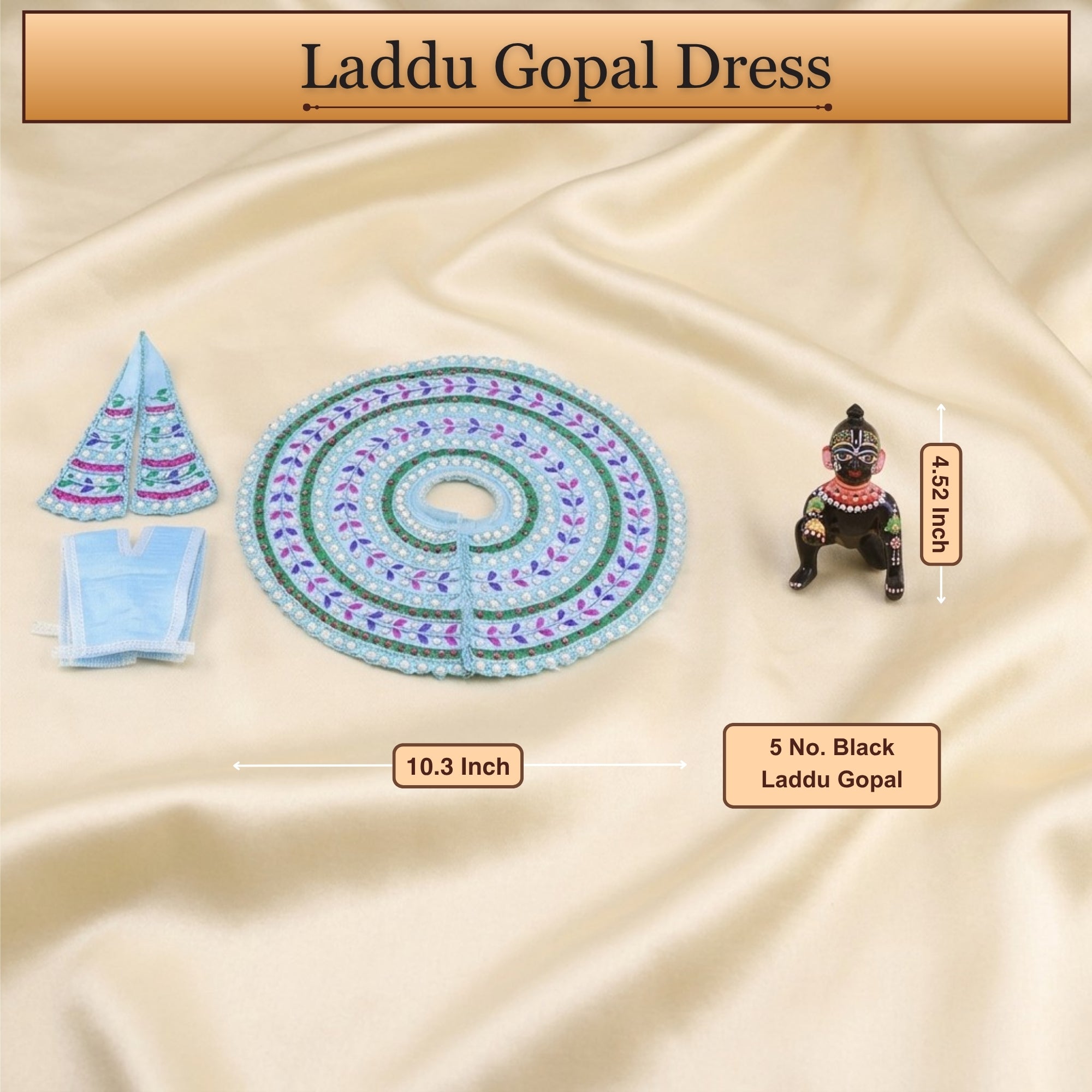 5 No. size reference display for the handmade blue kanha ji dress poshak