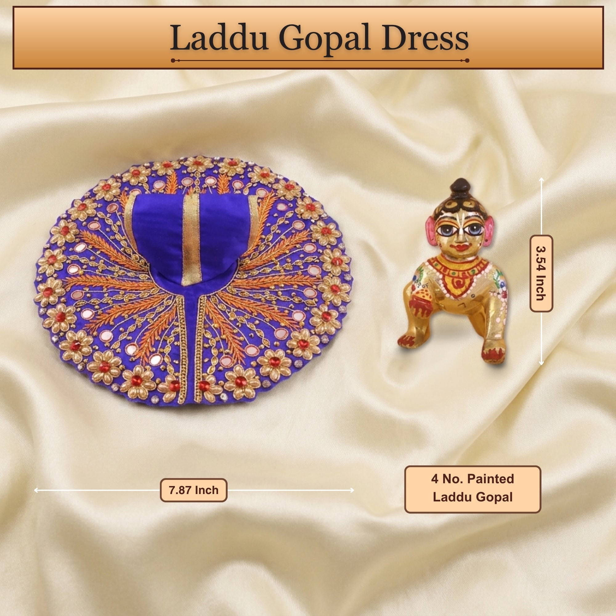 5 No. size reference display for the handcrafted blue kanha ji dress poshak