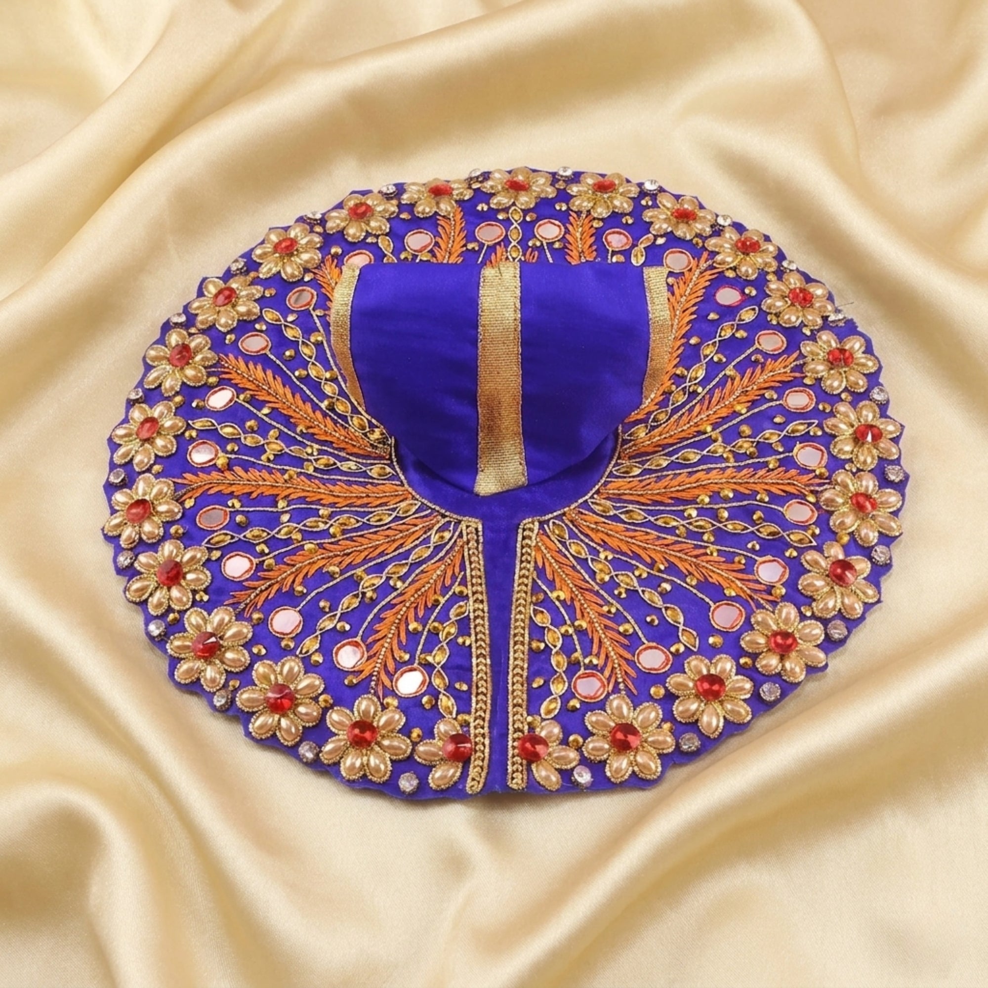Laddu Gopal blue dress with handcrafted mirror work heavy poshak displayed flat