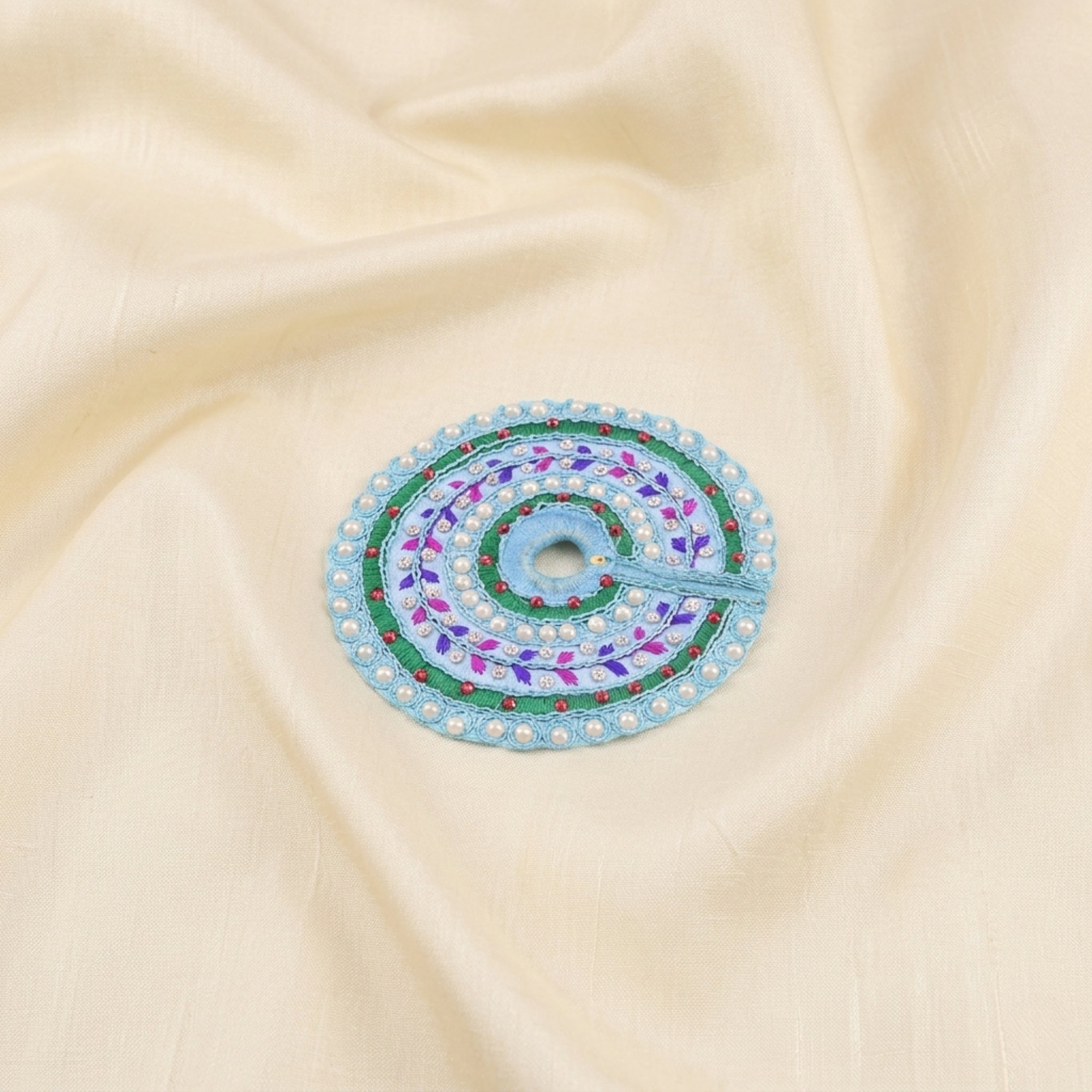 Laddu Gopal blue dress with Patka and handcrafted thread work displayed flat