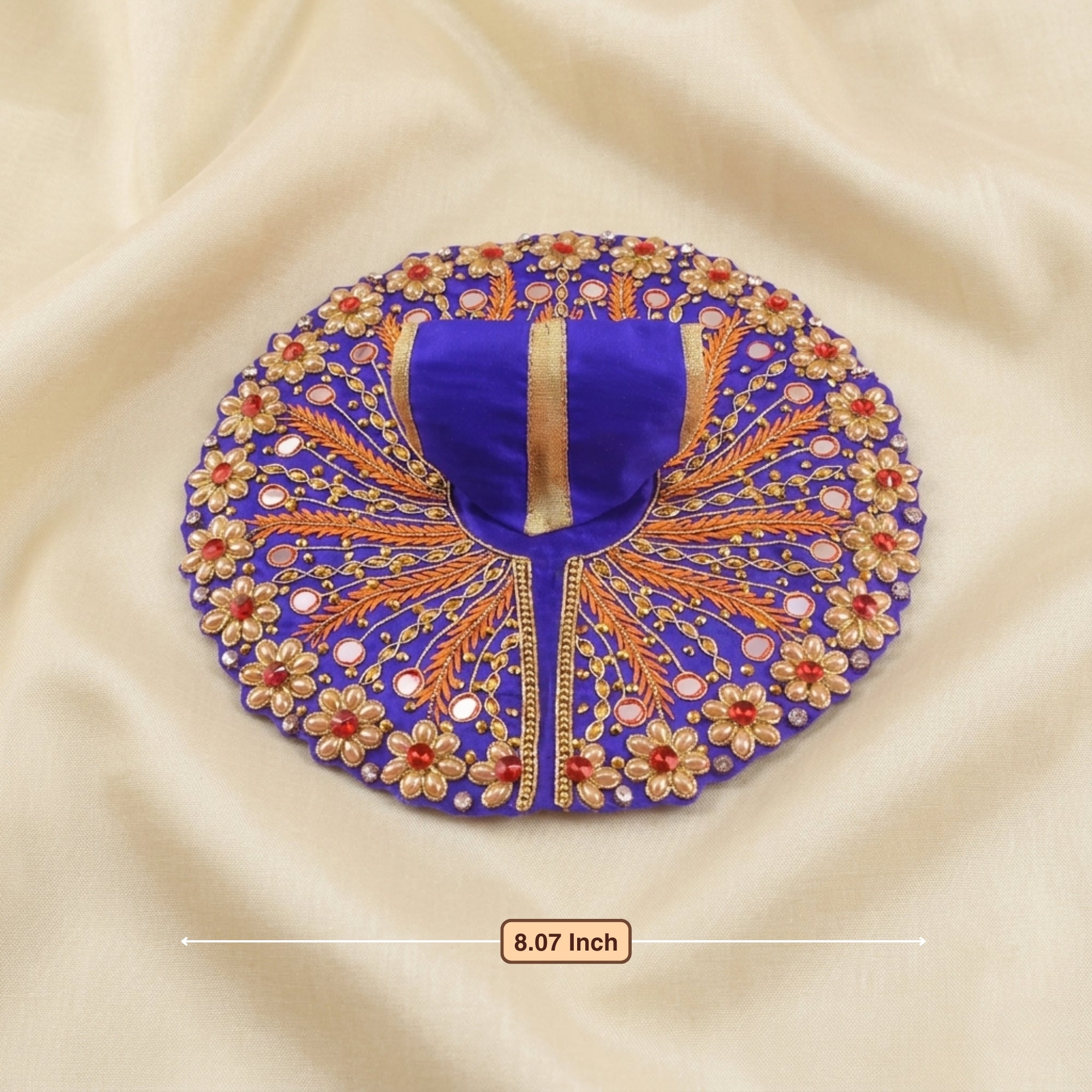 Front angle view of handcrafted mirror work heavy blue dress for Thakur Ji