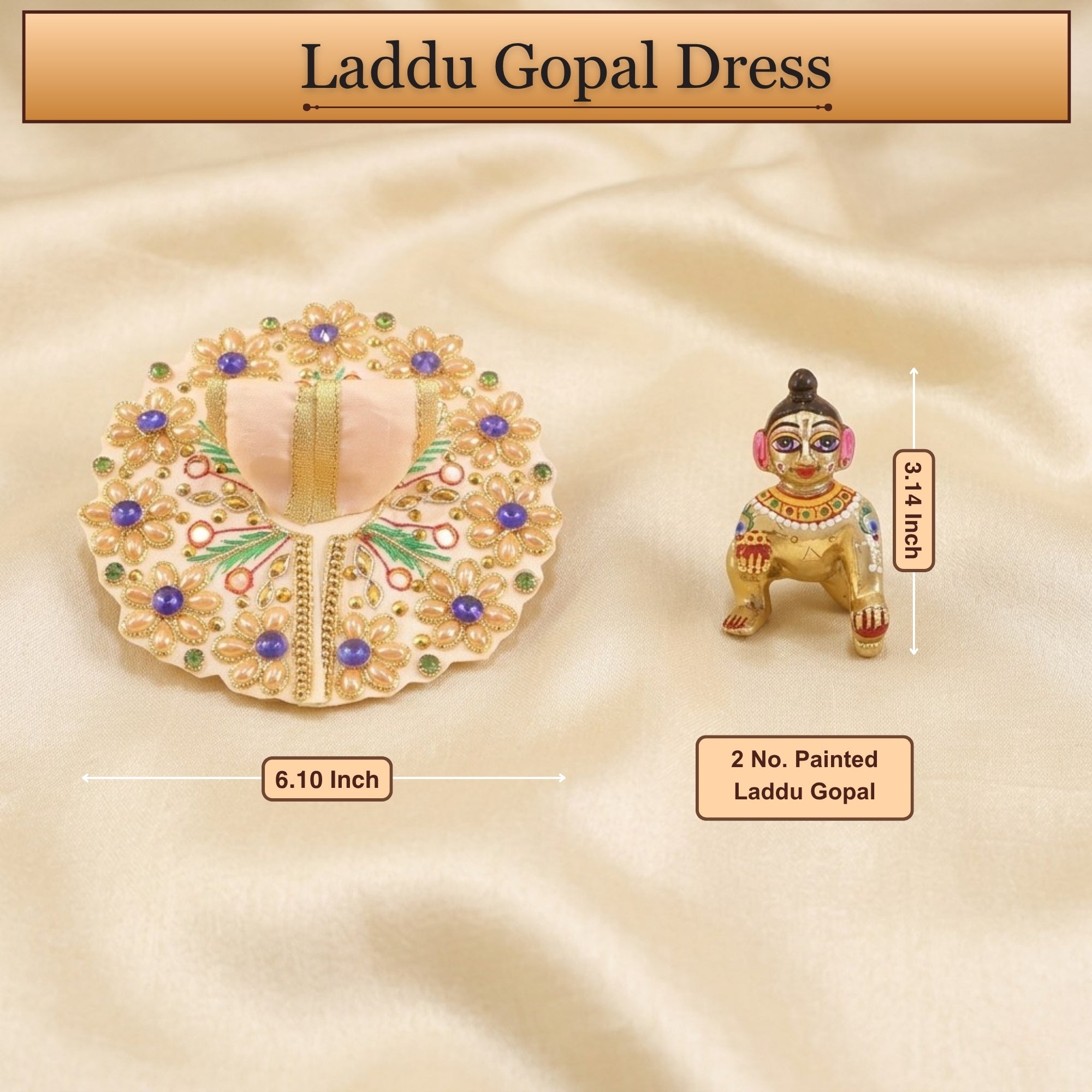 5 No. size reference display for the handmade cream kanha ji dress poshak