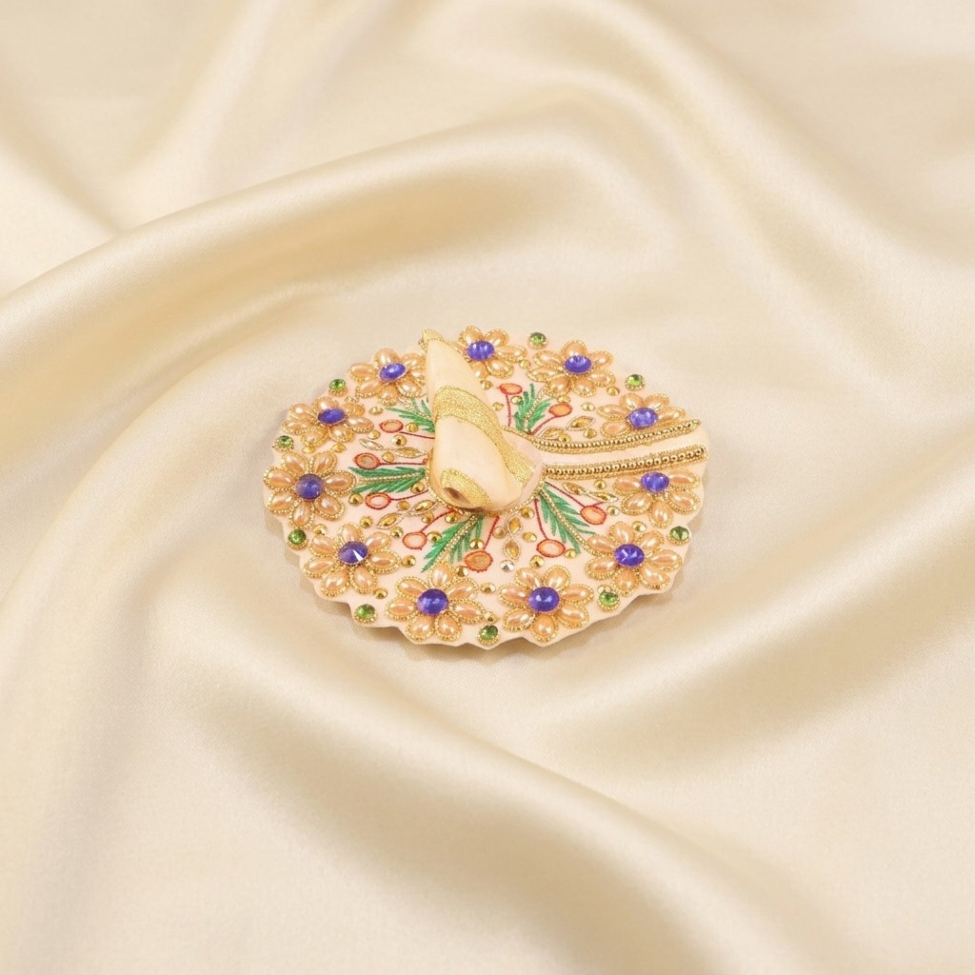 Handmade Laddu Gopal cream dress with mirror work heavy poshak displayed flat