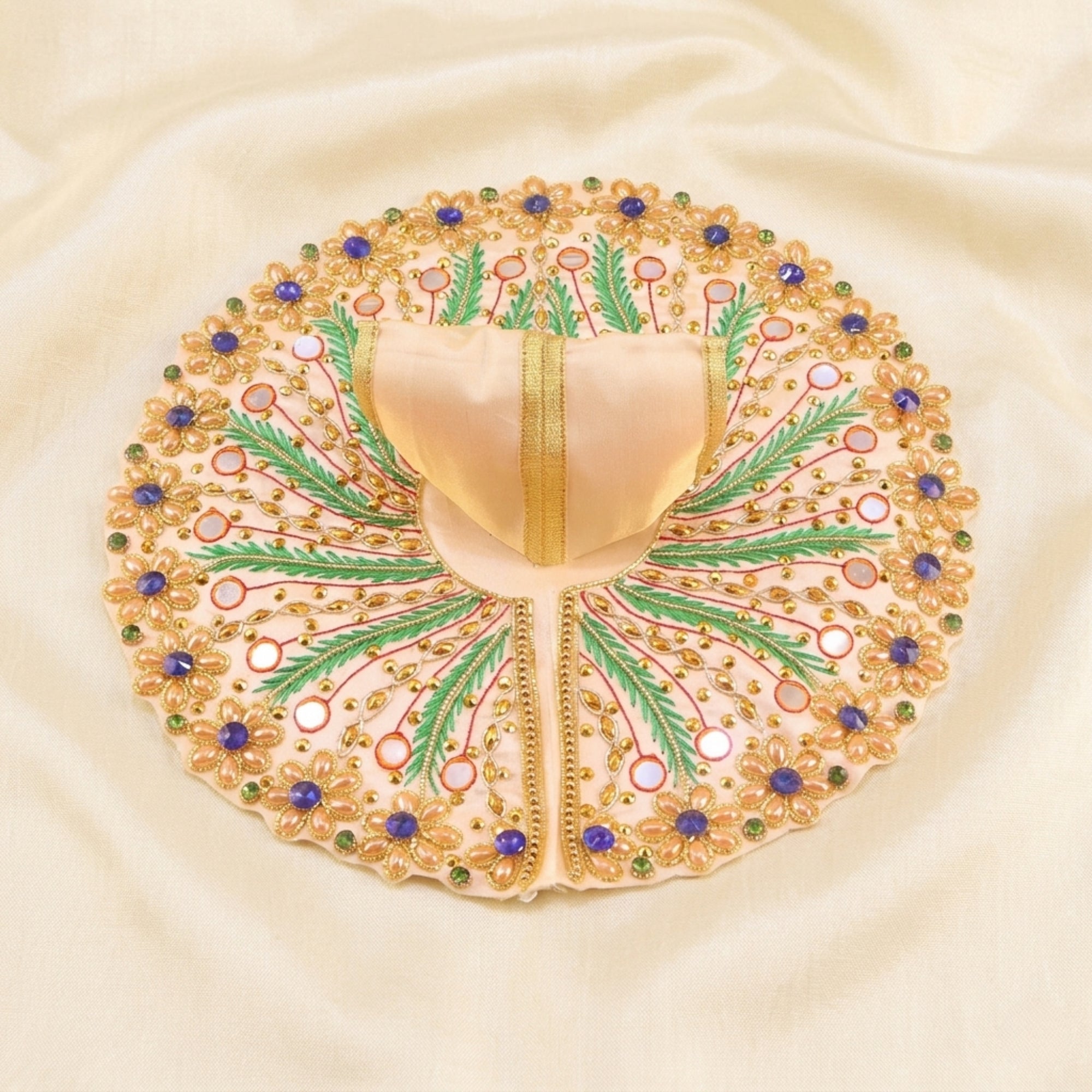 Laddu Gopal cream dress with handcrafted peacock design and mirror work