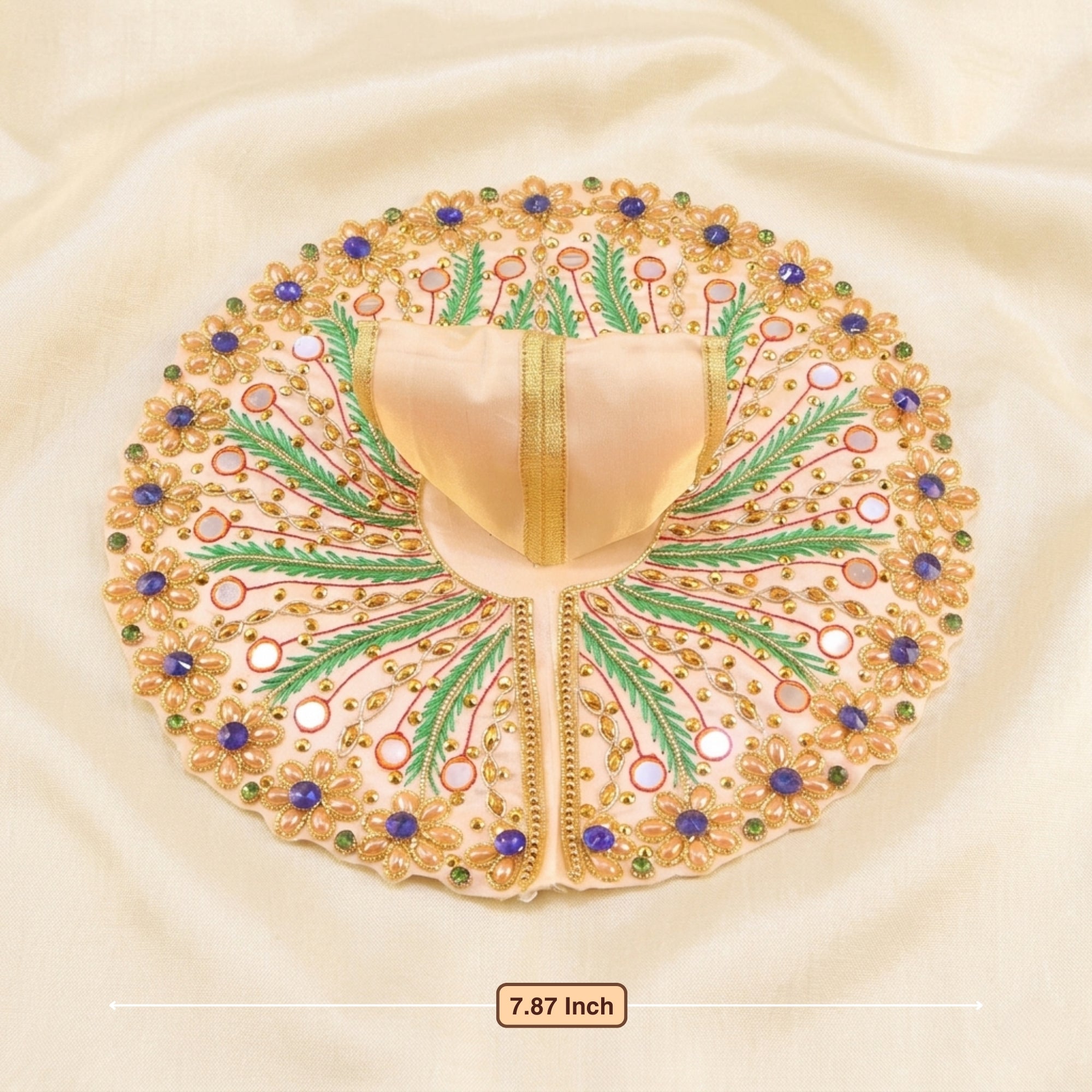 Front angle view of handcrafted peacock design mirror work cream dress for Thakur Ji