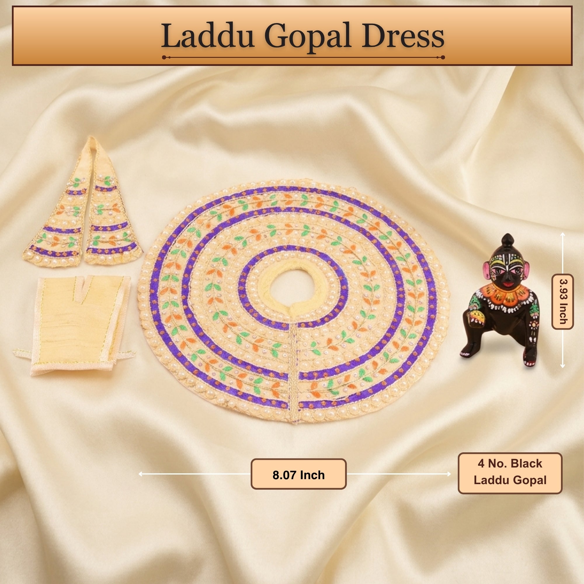 4 No. size reference display for the cream Laddu Gopal dress with Patka