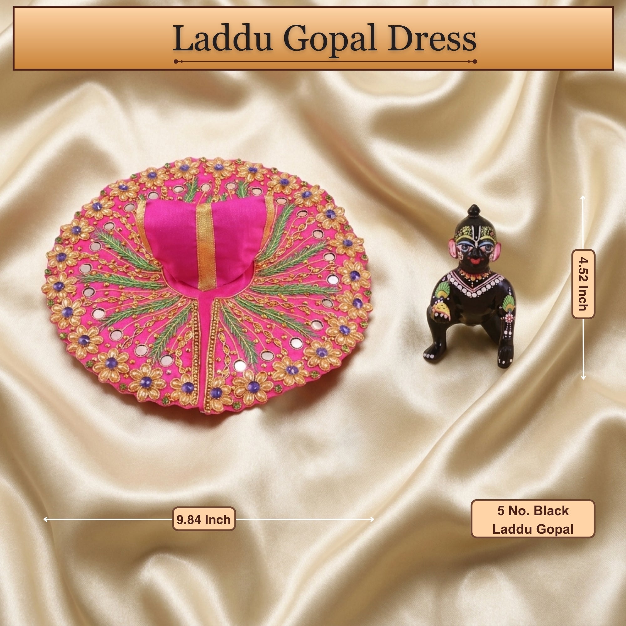 4 No. size reference display for the peacock design mirror work pink Laddu Gopal dress