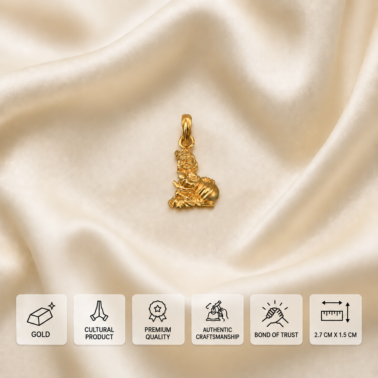Laddu Gopal gold pendant on cream satin with feature cards showing dimensions of 2.7 × 1.5 cm.