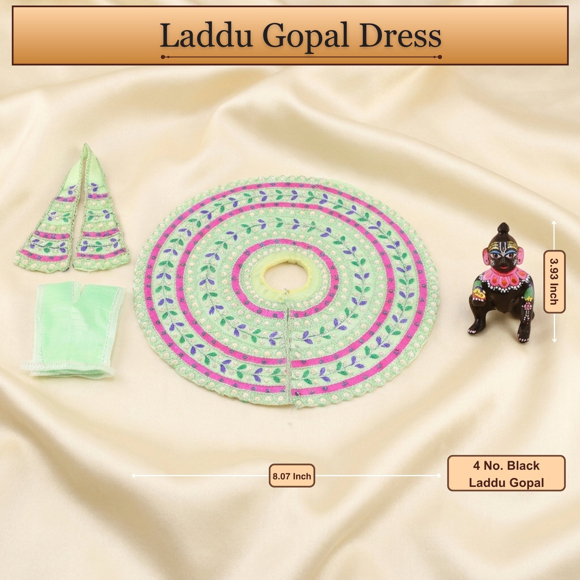 4 No. size reference display for the green Laddu Gopal dress with Patka