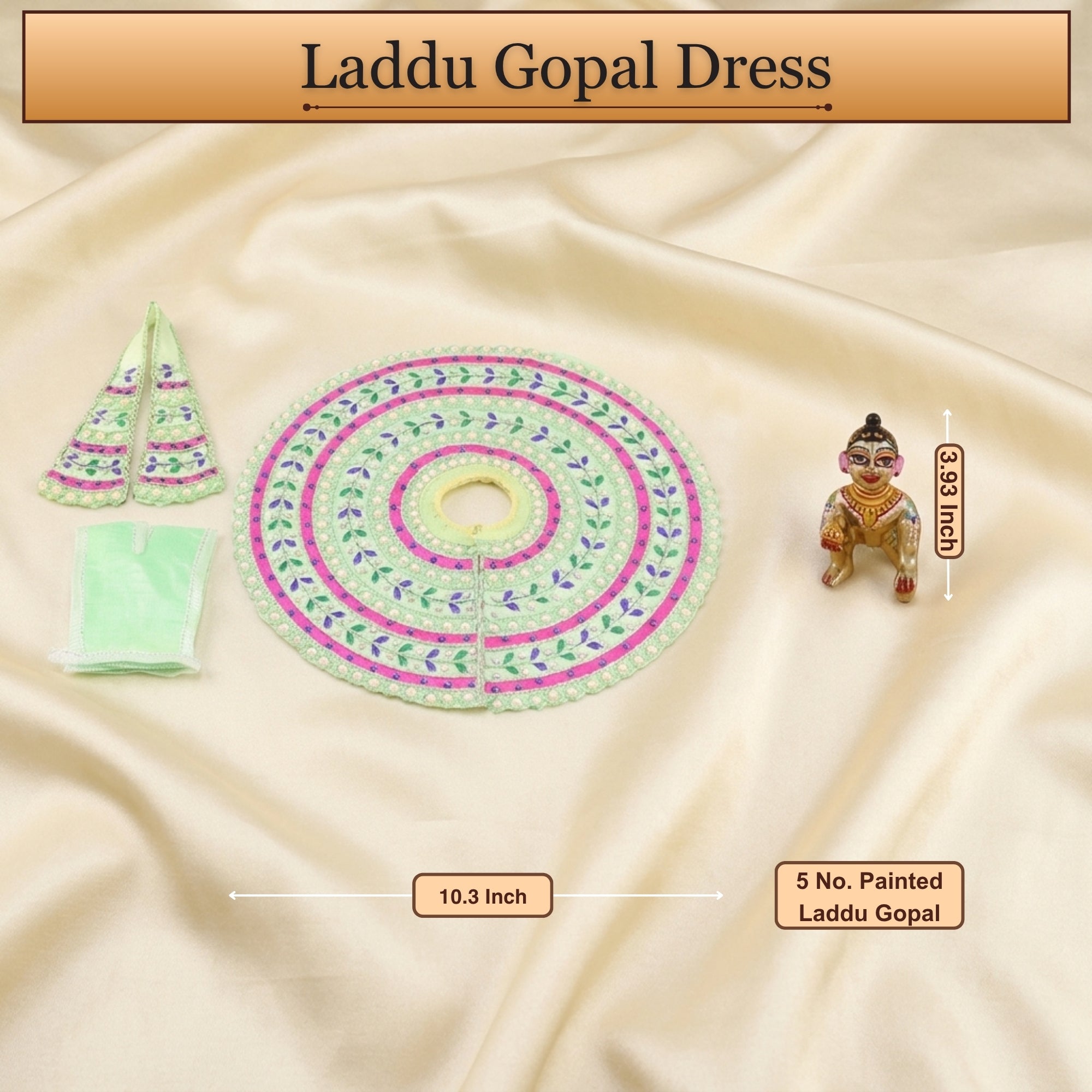 5 No. size reference display for the handcrafted green kanha ji dress poshak