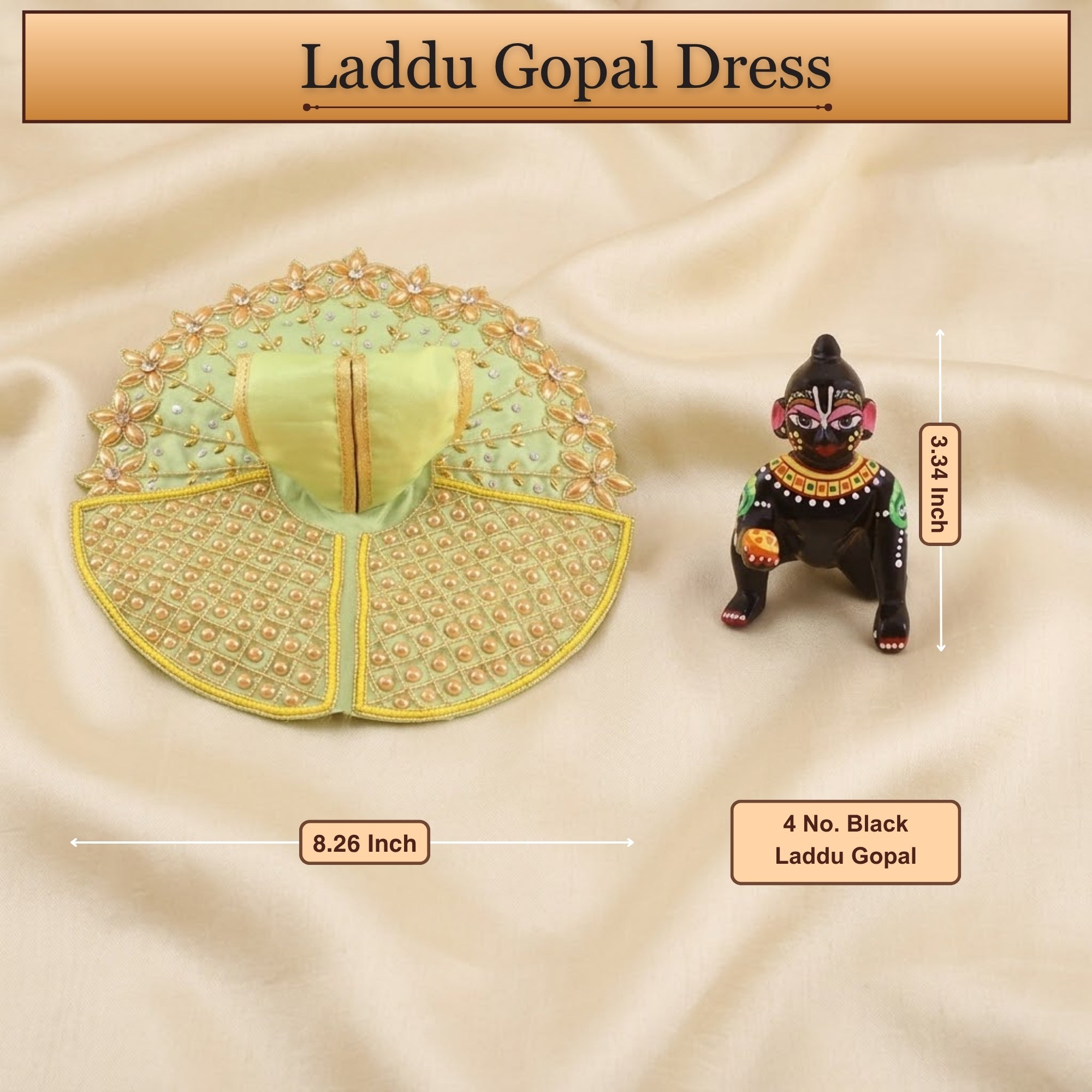 Size and measurement dimensions guide for the green Laddu Gopal dress poshak
