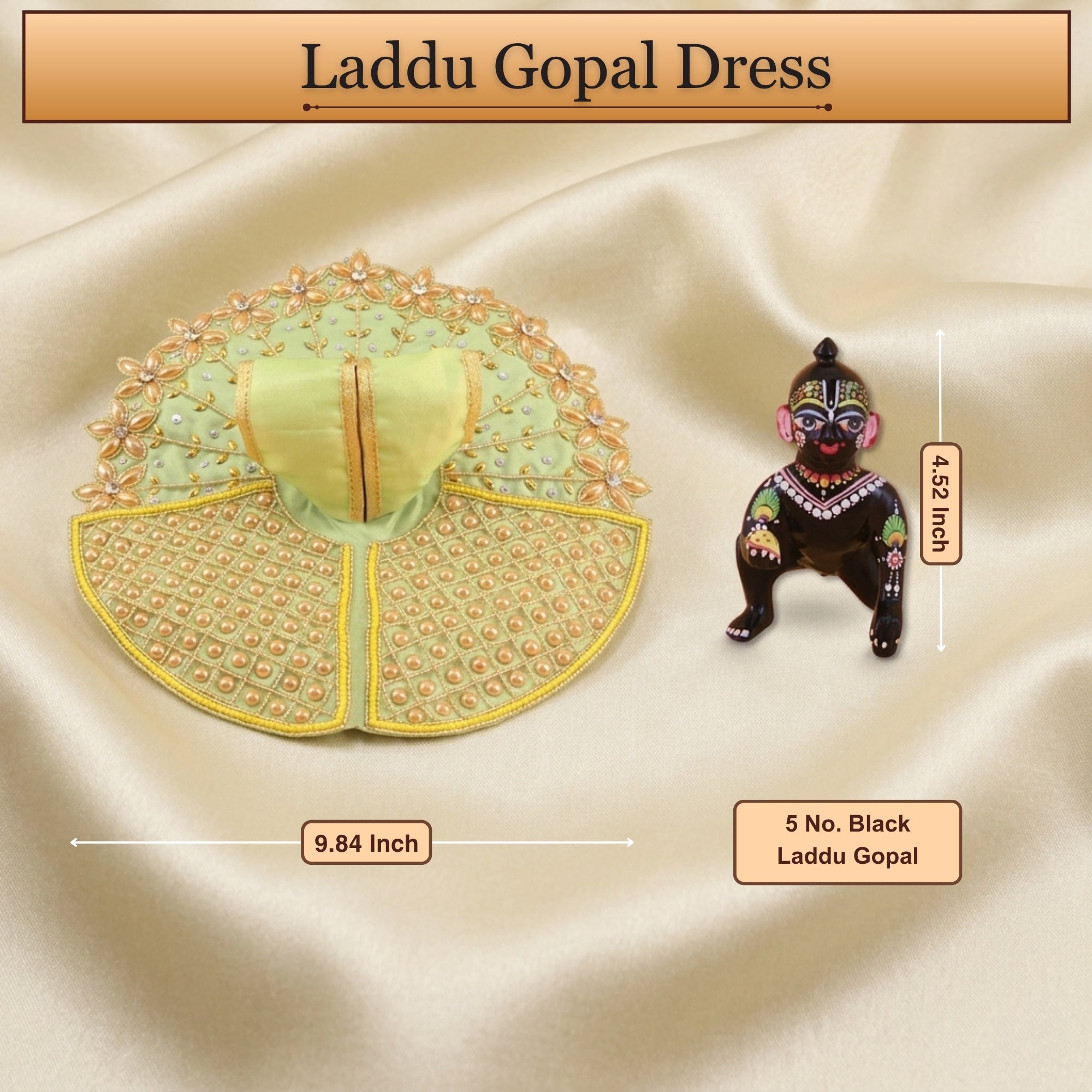 Scale and size reference display for the handcrafted green kanha ji dress poshak