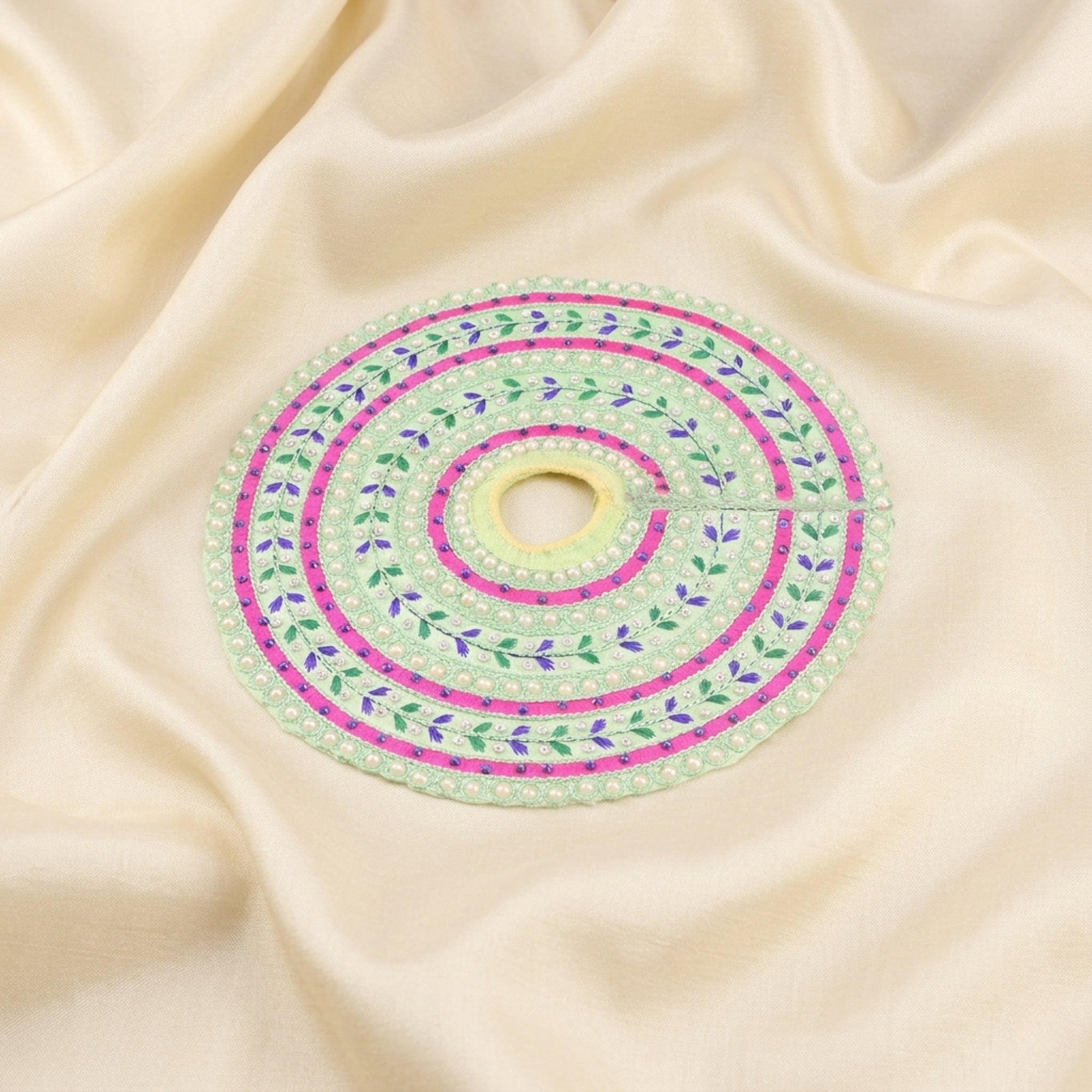 Laddu Gopal green dress with Patka and handcrafted thread work displayed flat