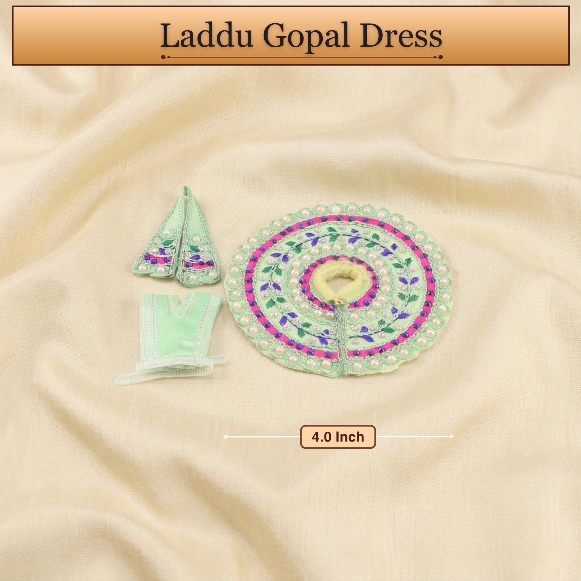 3 No. size reference display for the green Laddu Gopal dress poshak