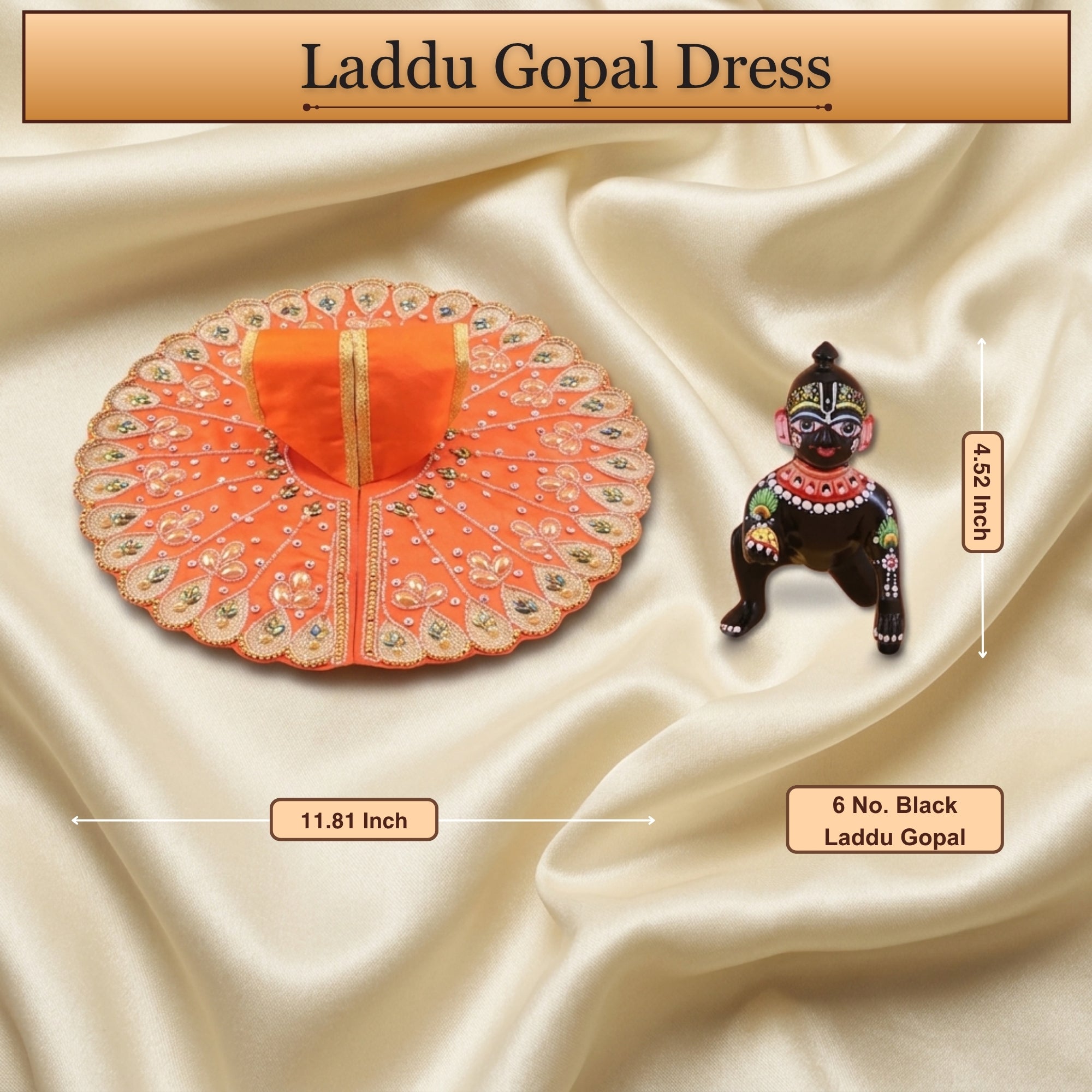 5 No. size reference display for the handcrafted orange kanha ji dress poshak