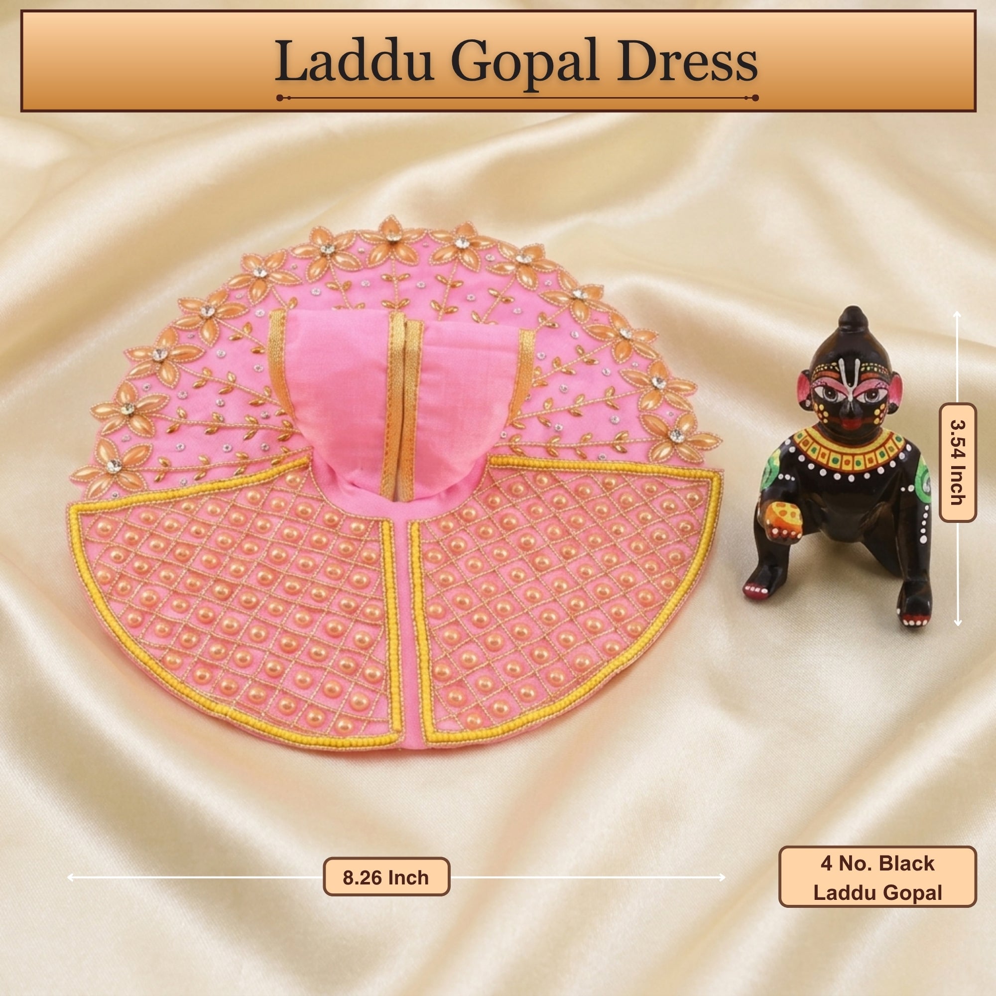 4 No. size reference display for the golden floral work pink kanha ji dress poshak
