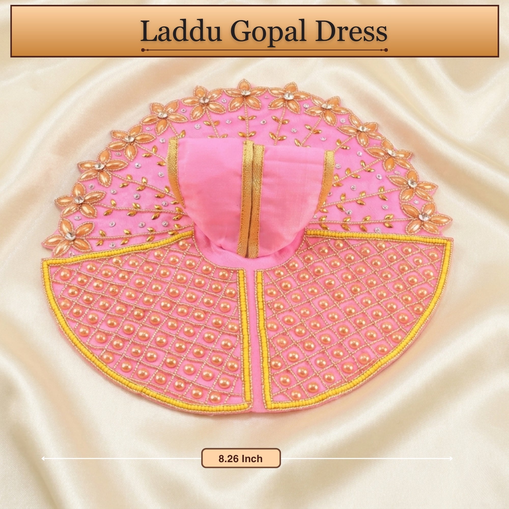 3 No. size reference display for the golden floral work pink Laddu Gopal dress