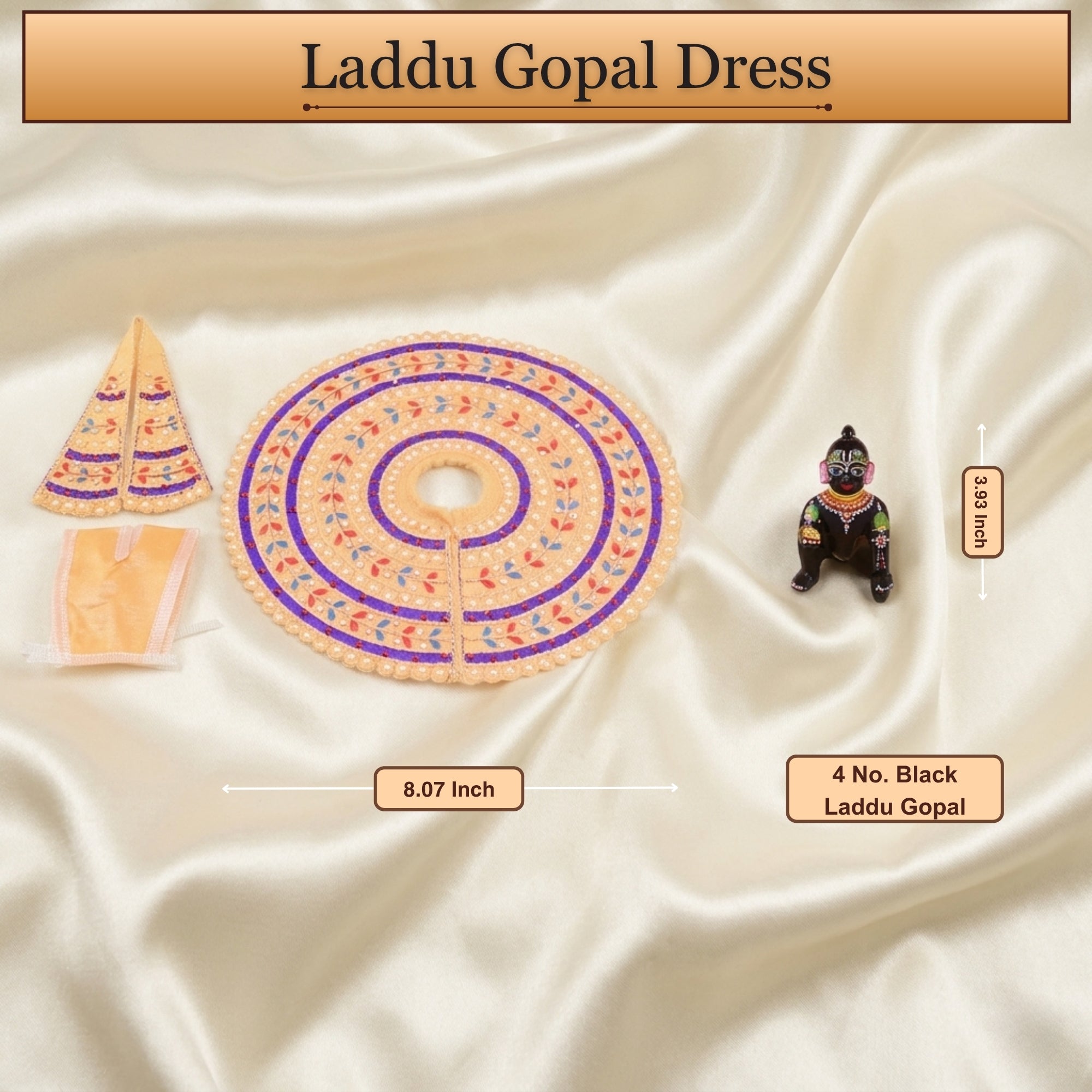 4 No. size reference display for the orange Laddu Gopal dress with Patka