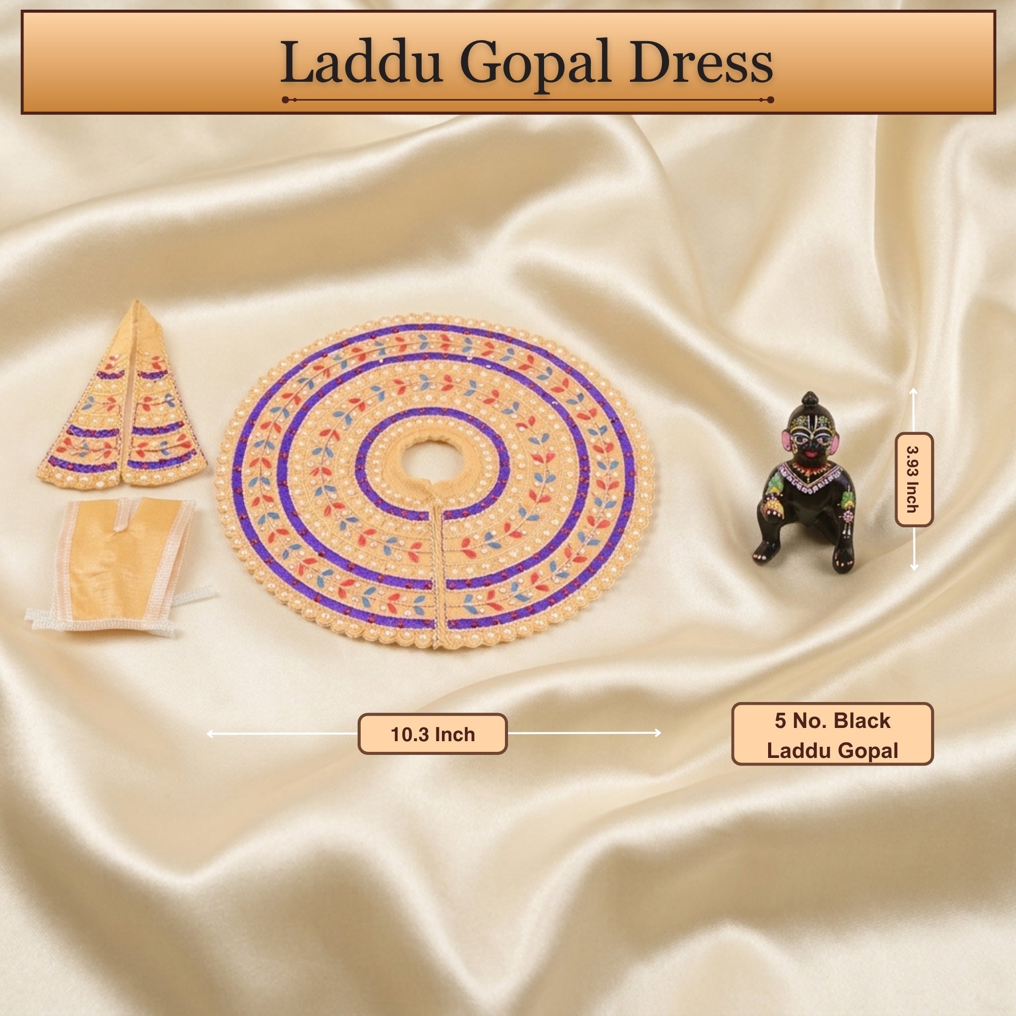 5 No. size reference display for the handcrafted orange kanha ji dress poshak