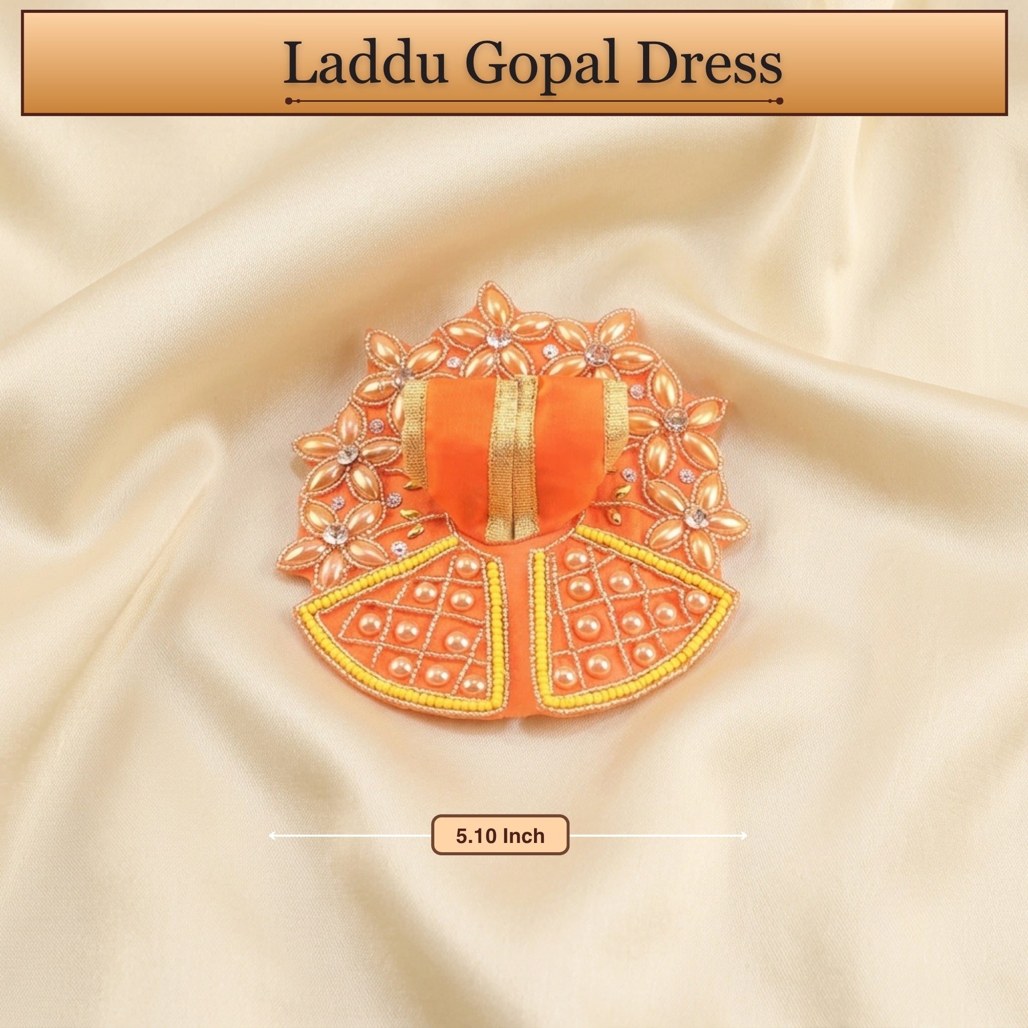 Front angle view of handcrafted golden floral design orange dress for Thakur Ji