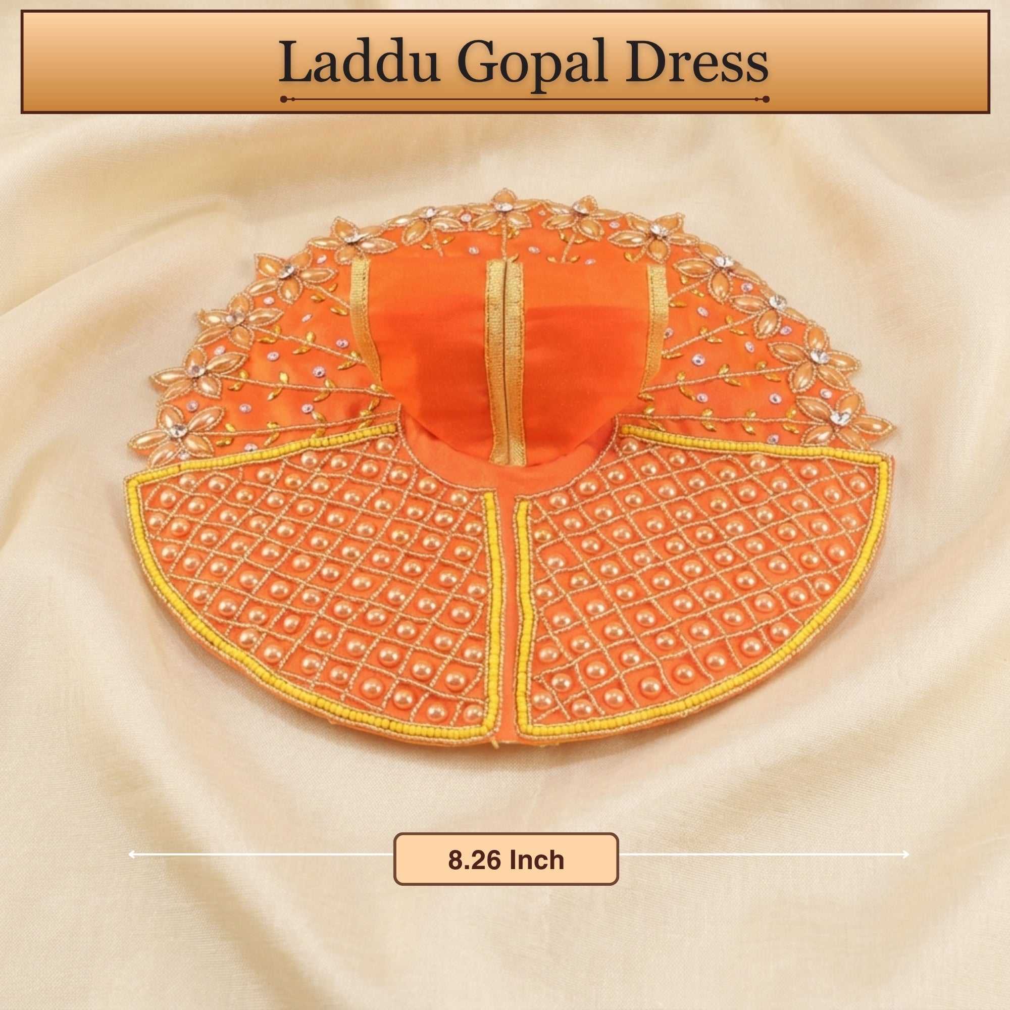 Front angle view of handcrafted golden stone floral design orange dress for Thakur Ji