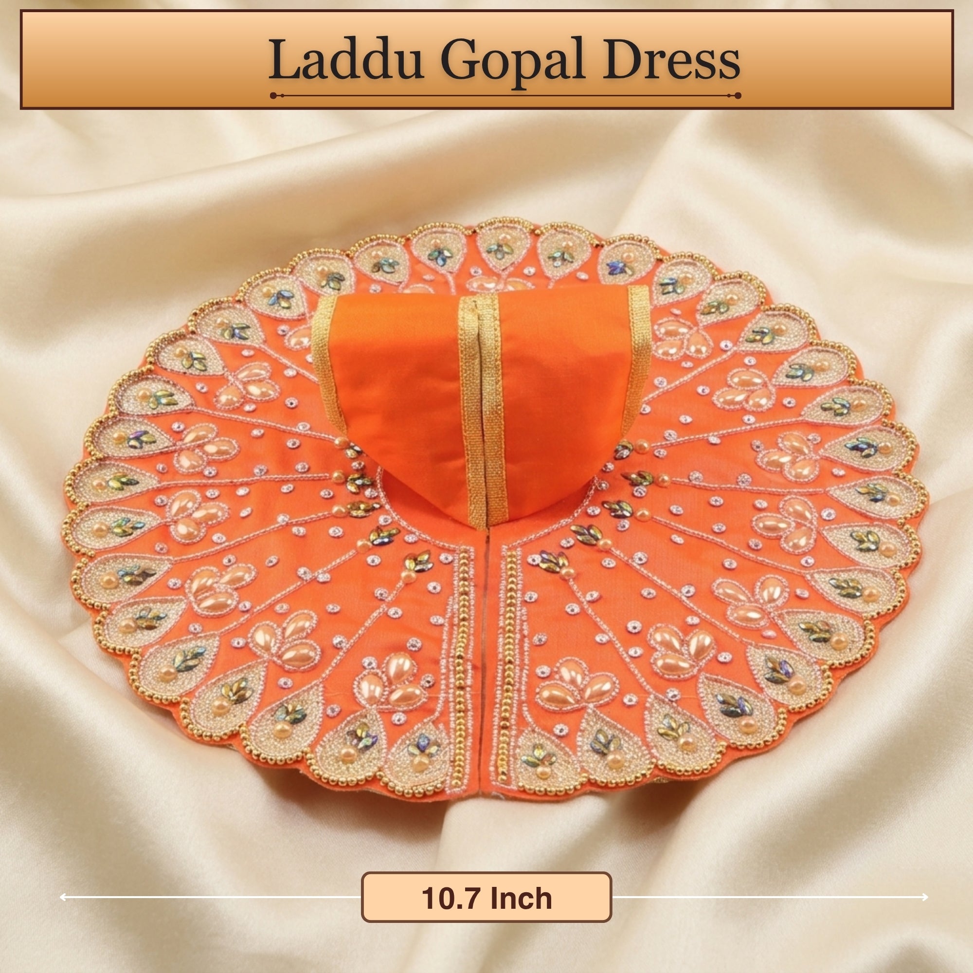Front angle view of handcrafted peacock design orange dress for Thakur Ji