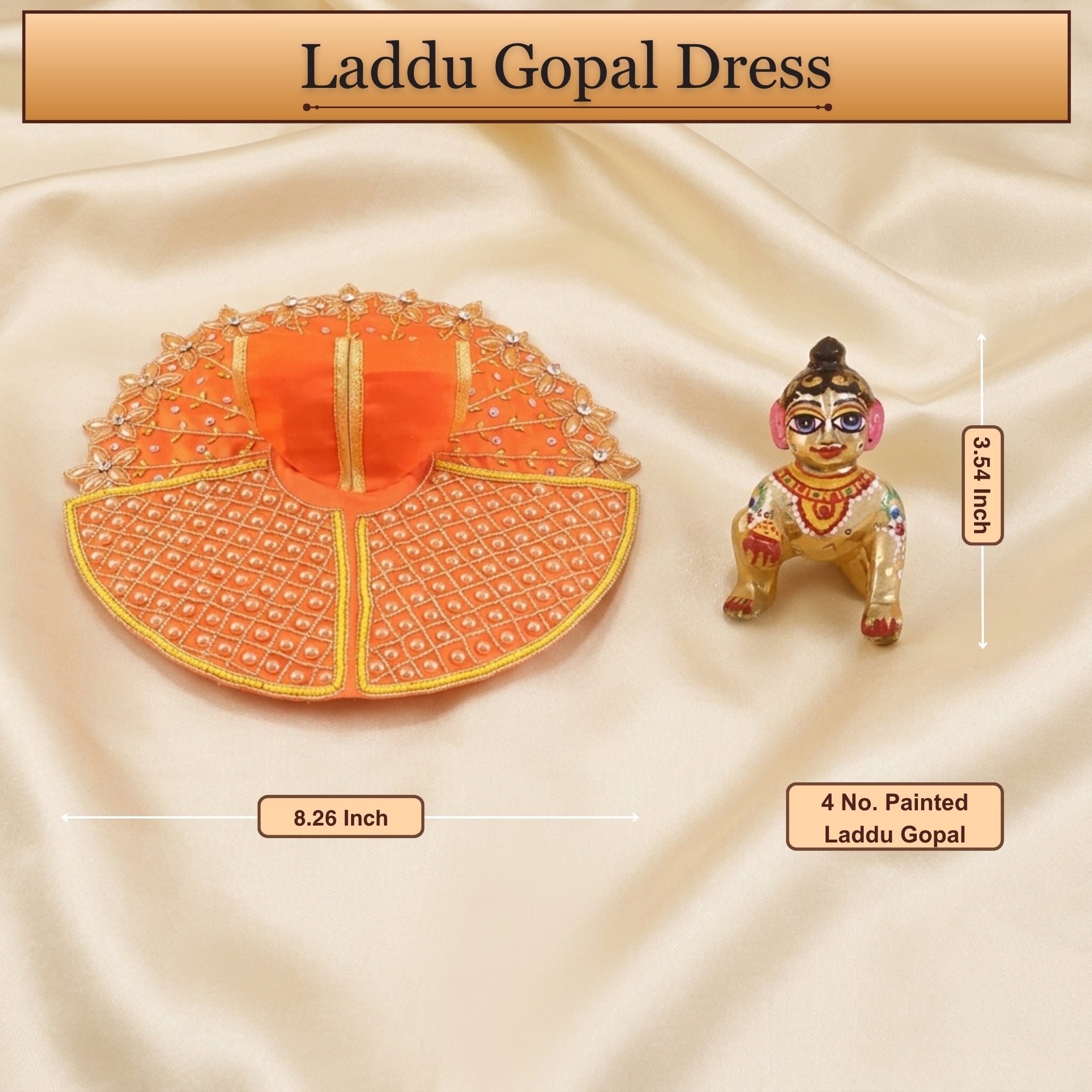4 No. size reference display for the golden stone floral design orange Laddu Gopal dress