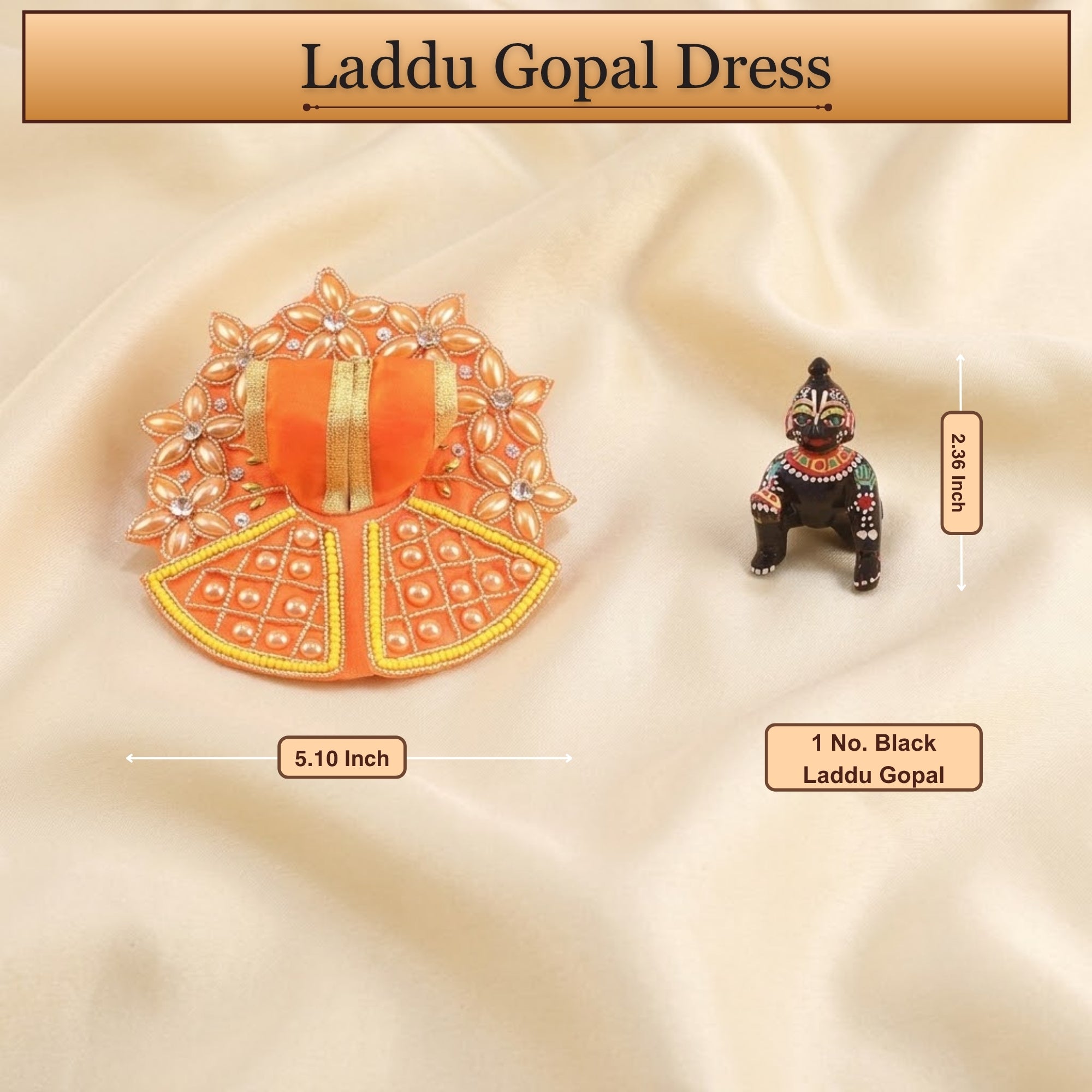4 No. size reference display for the golden floral design orange Laddu Gopal dress