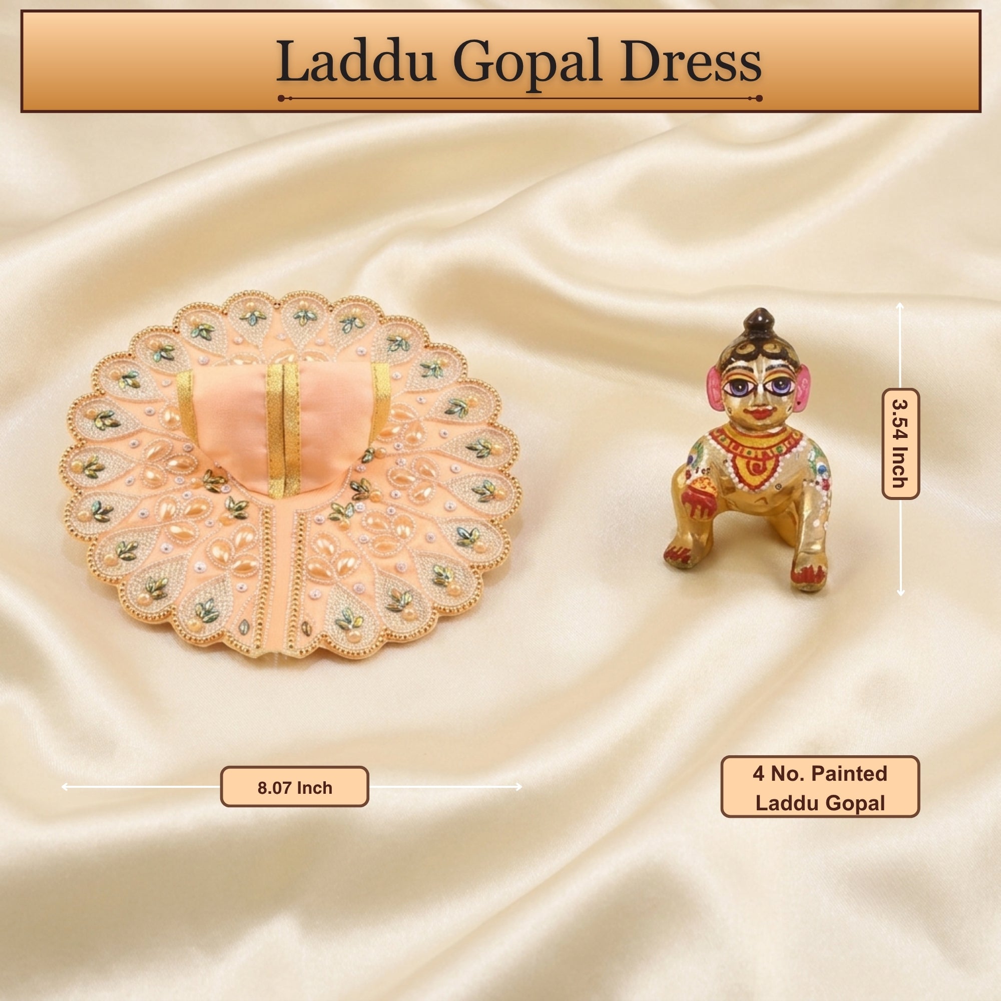 4 No. size reference display for the heavy embroidery peach Laddu Gopal dress