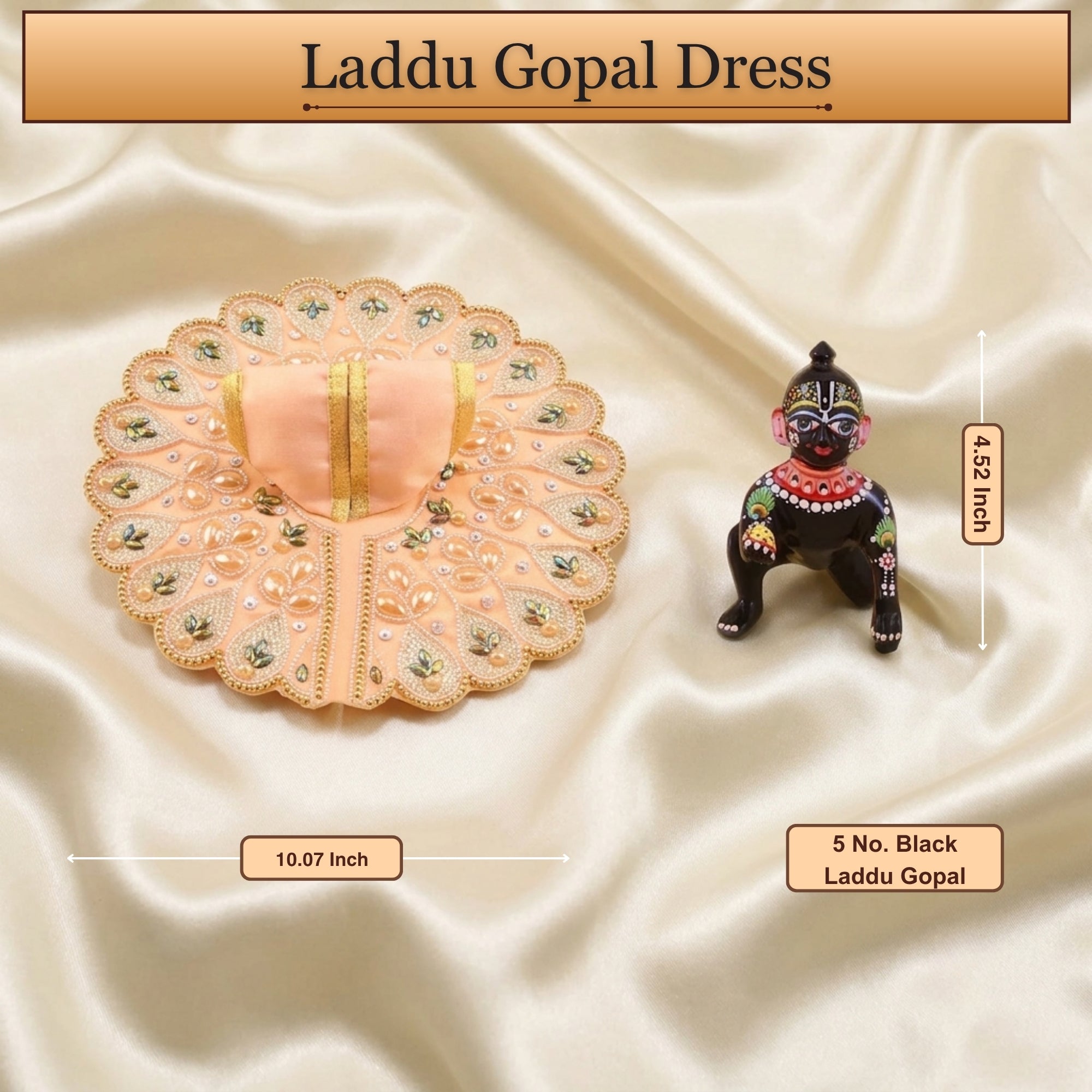 5 No. size reference display for the handcrafted peach kanha ji dress poshak