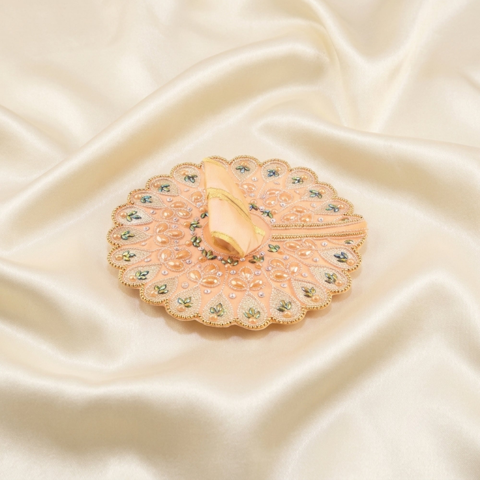 Laddu Gopal peach dress with handcrafted heavy embroidery festival dress displayed flat