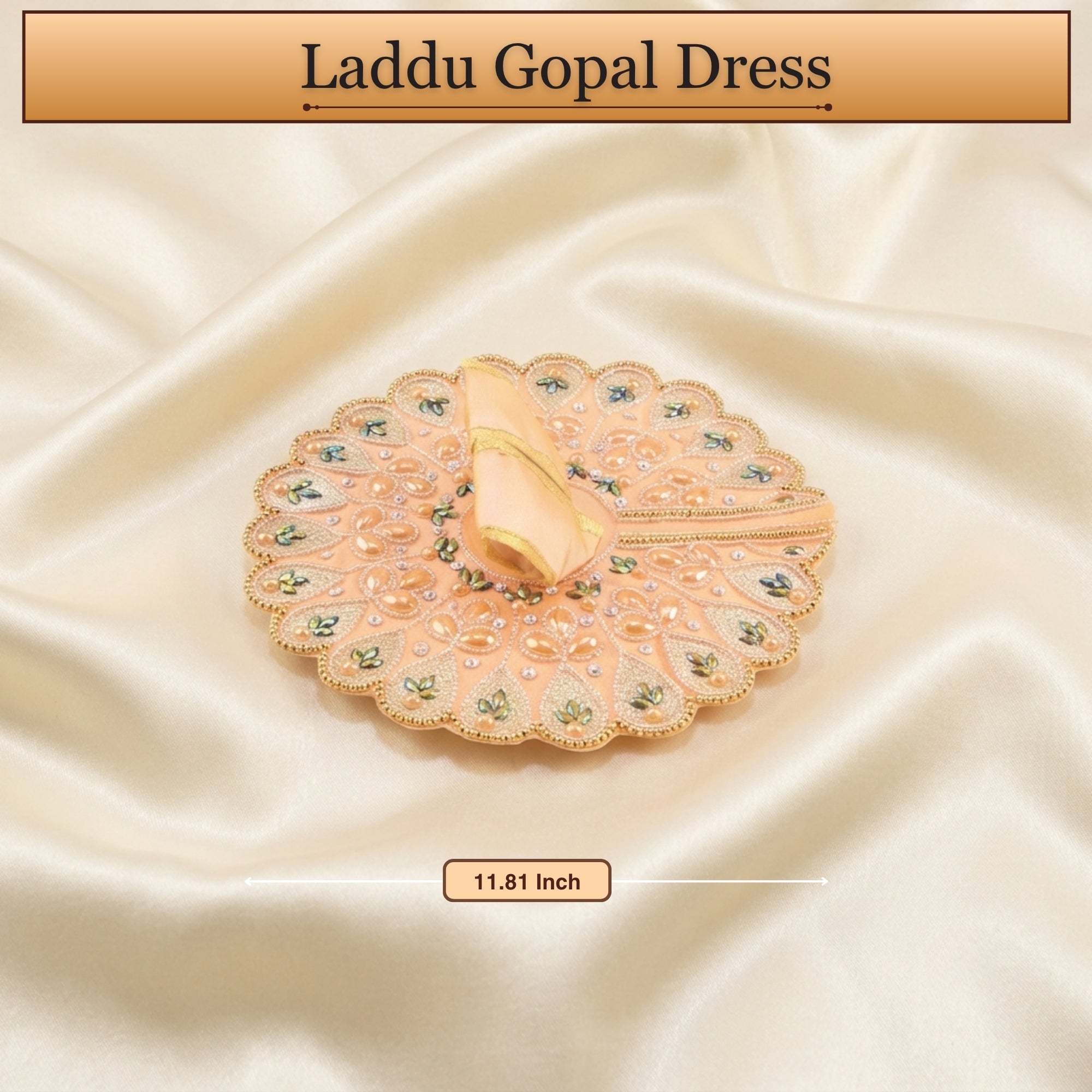 Front angle view of handcrafted heavy embroidery festival peach dress for Thakur Ji