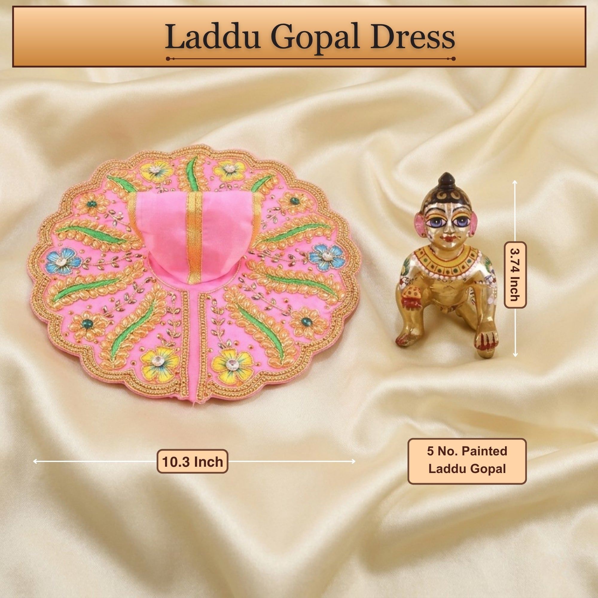 5 No. size reference display for the handcrafted pink kanha ji dress poshak