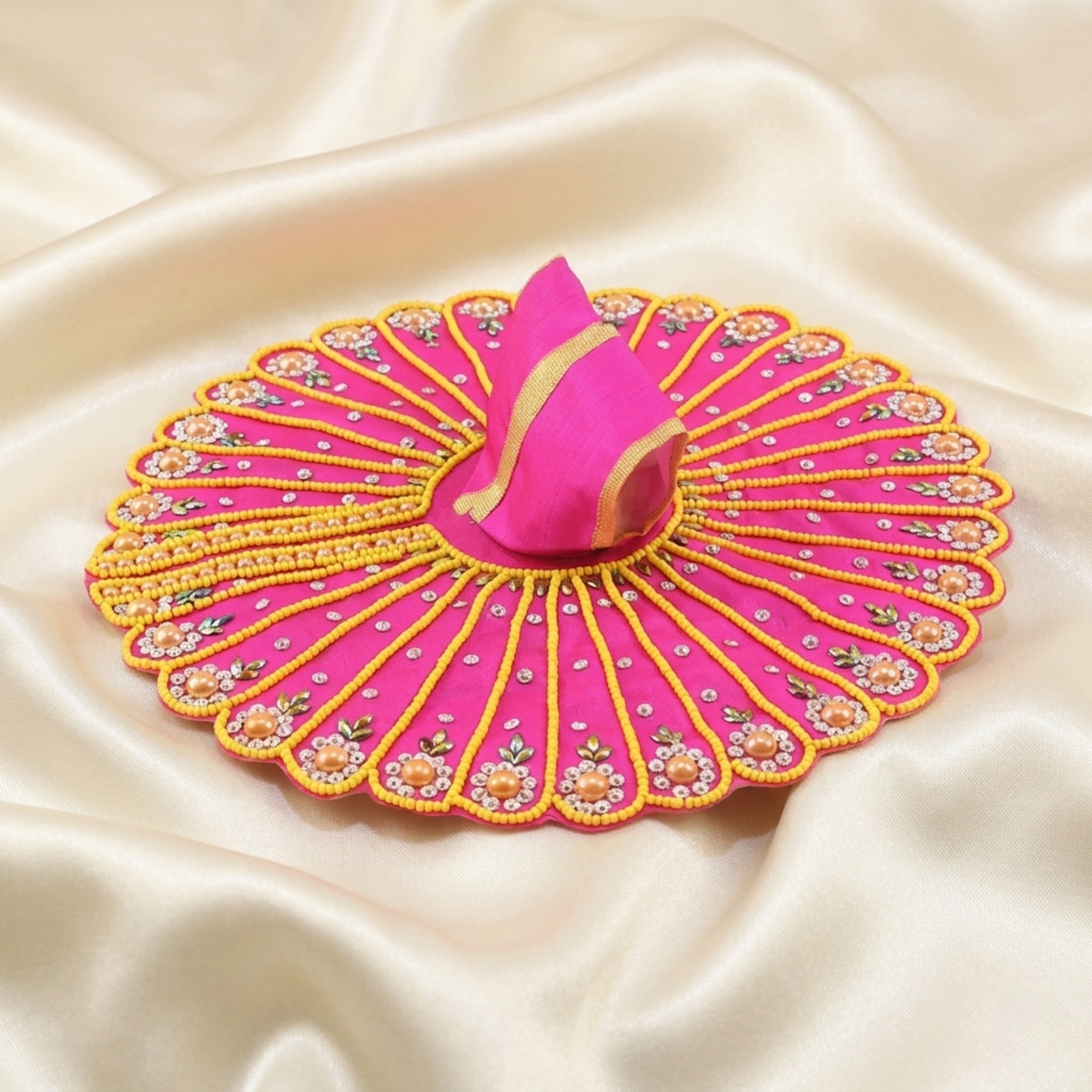 Laddu Gopal pink dress with handcrafted beads work heavy poshak displayed flat