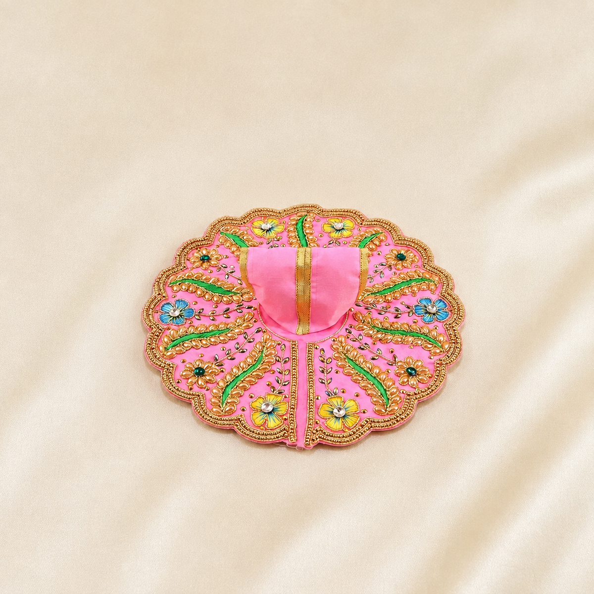 Beautiful Laddu Gopal pink dress with handcrafted floral work poshak displayed flat
