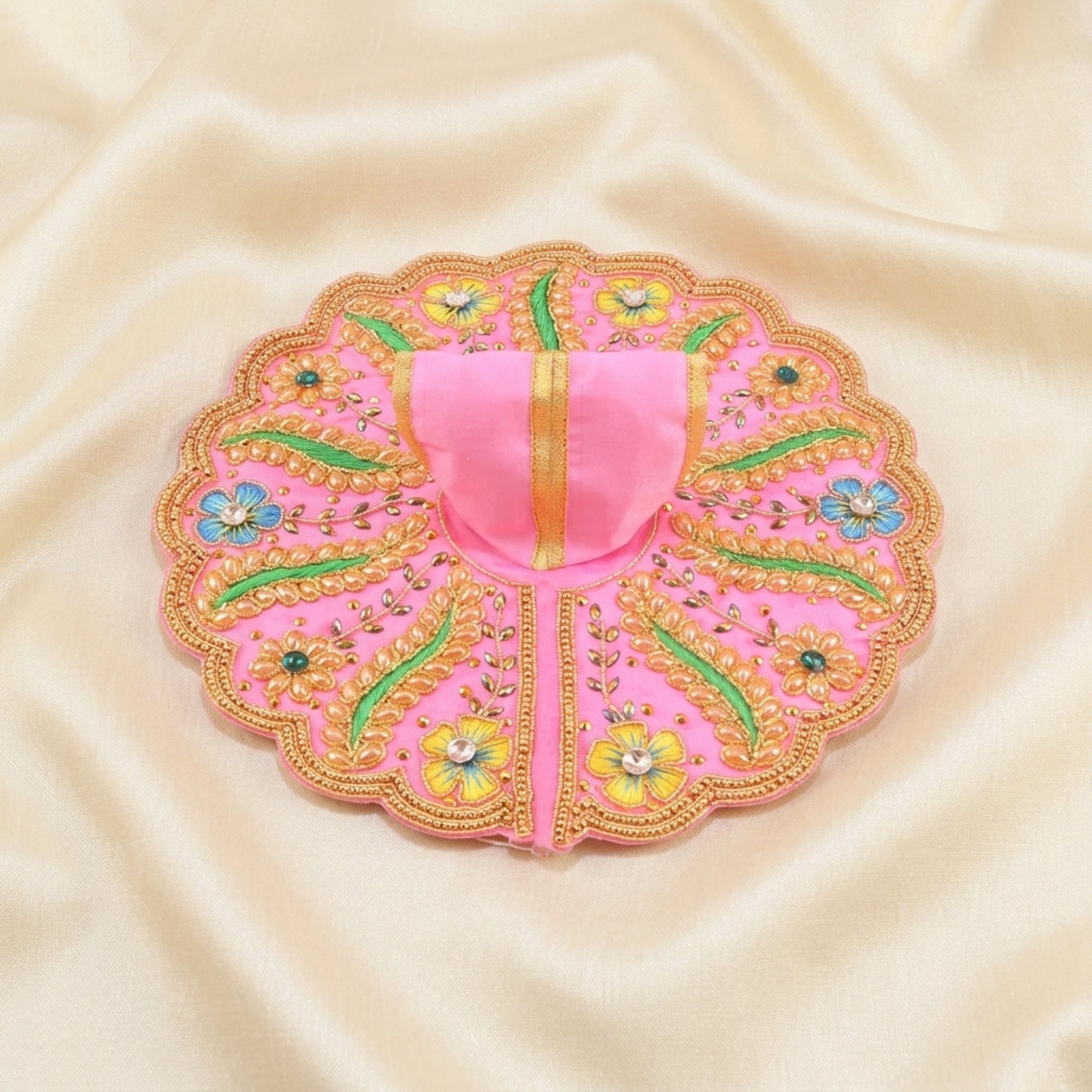 Beautiful Laddu Gopal pink dress with handcrafted floral work poshak displayed flat