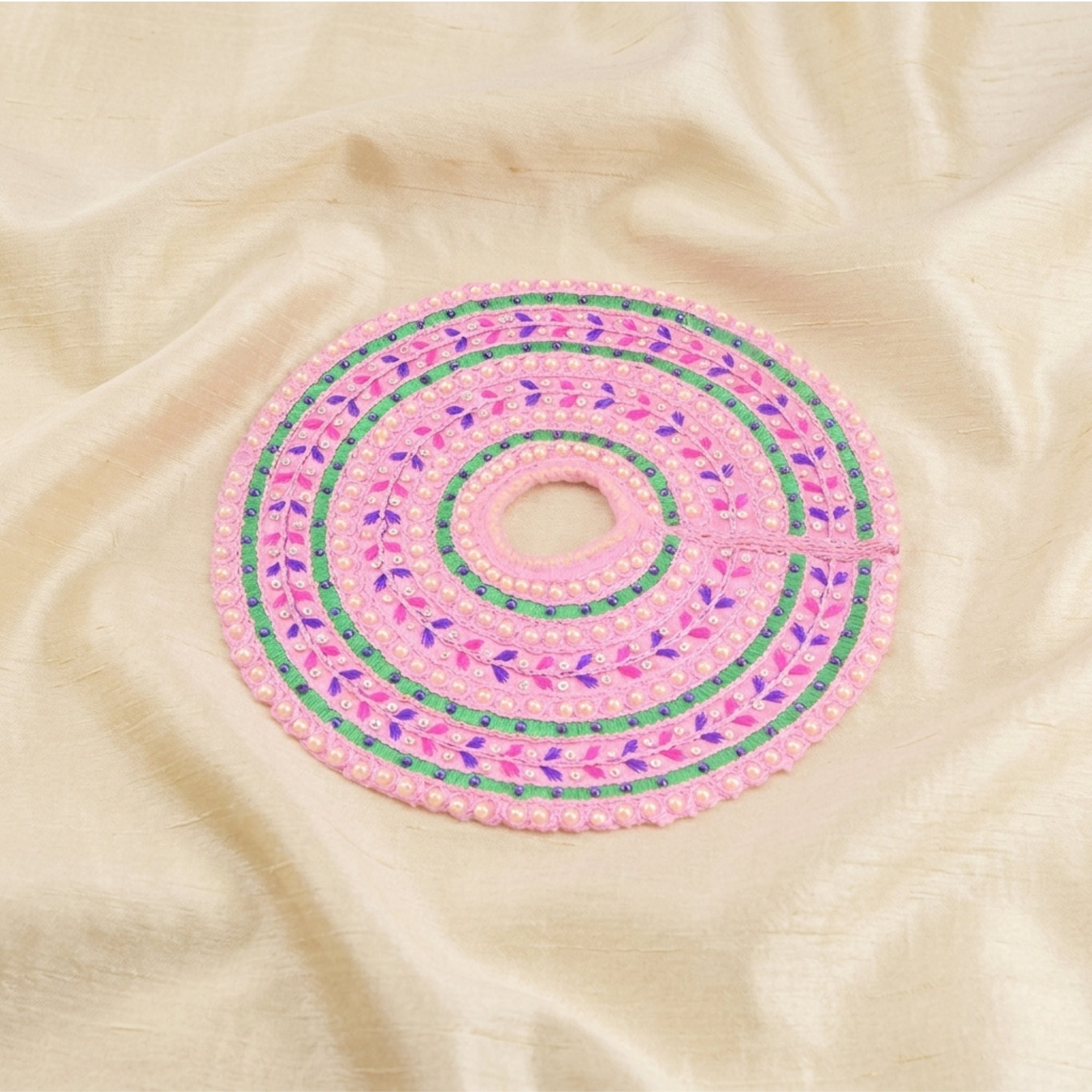 Laddu Gopal pink dress with Patka and handcrafted thread work displayed flat