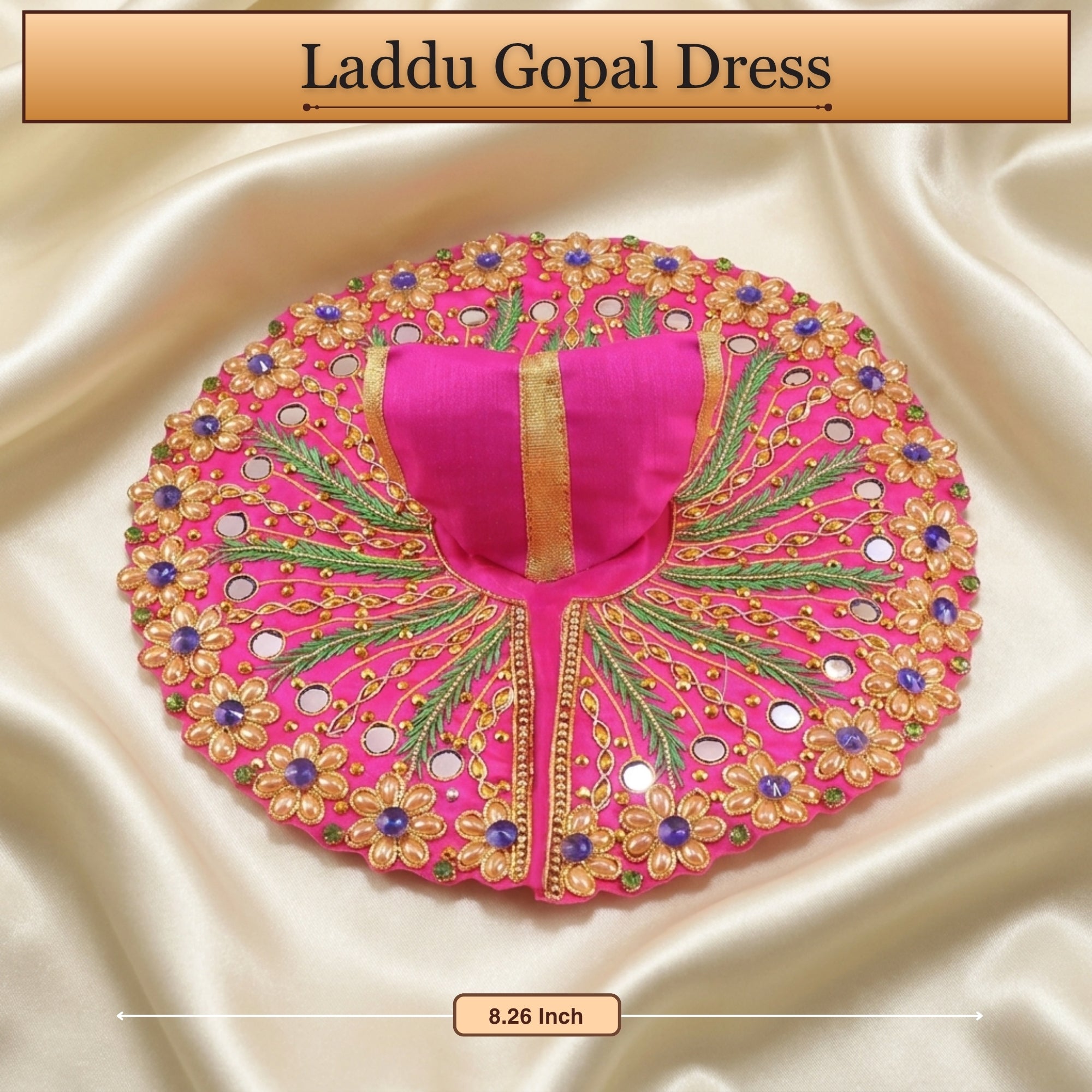Front angle view of handcrafted peacock design mirror work pink dress for Thakur Ji