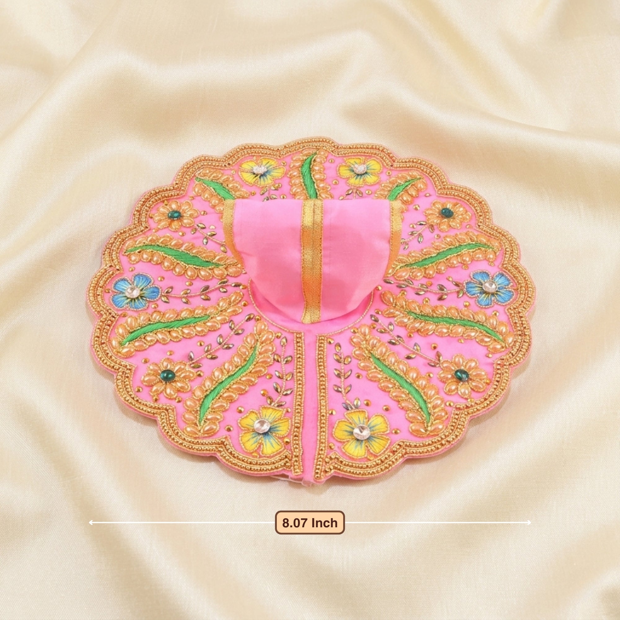 Front angle view of handcrafted floral work pink dress for Thakur Ji