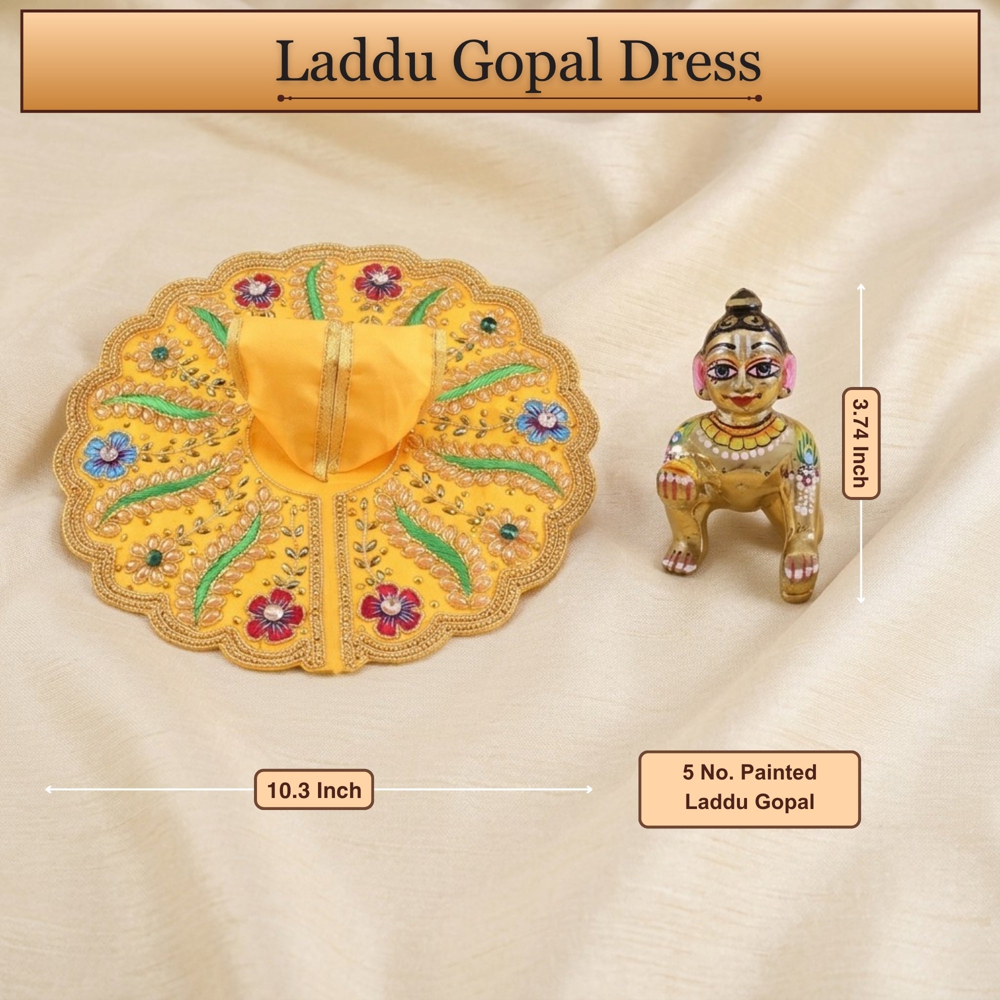 5 No. size reference display for the handmade yellow kanha ji dress poshak
