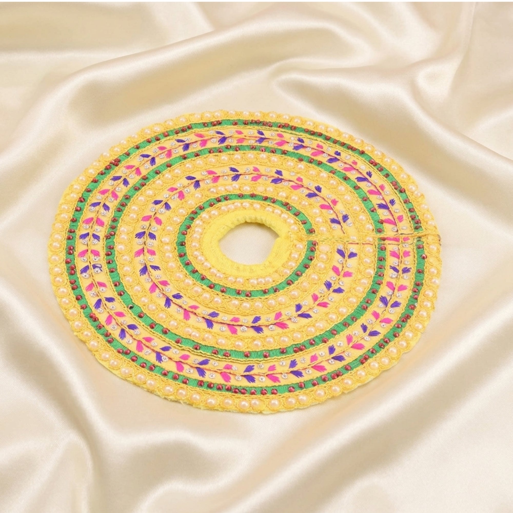 Laddu Gopal yellow dress with Patka and handcrafted design displayed flat