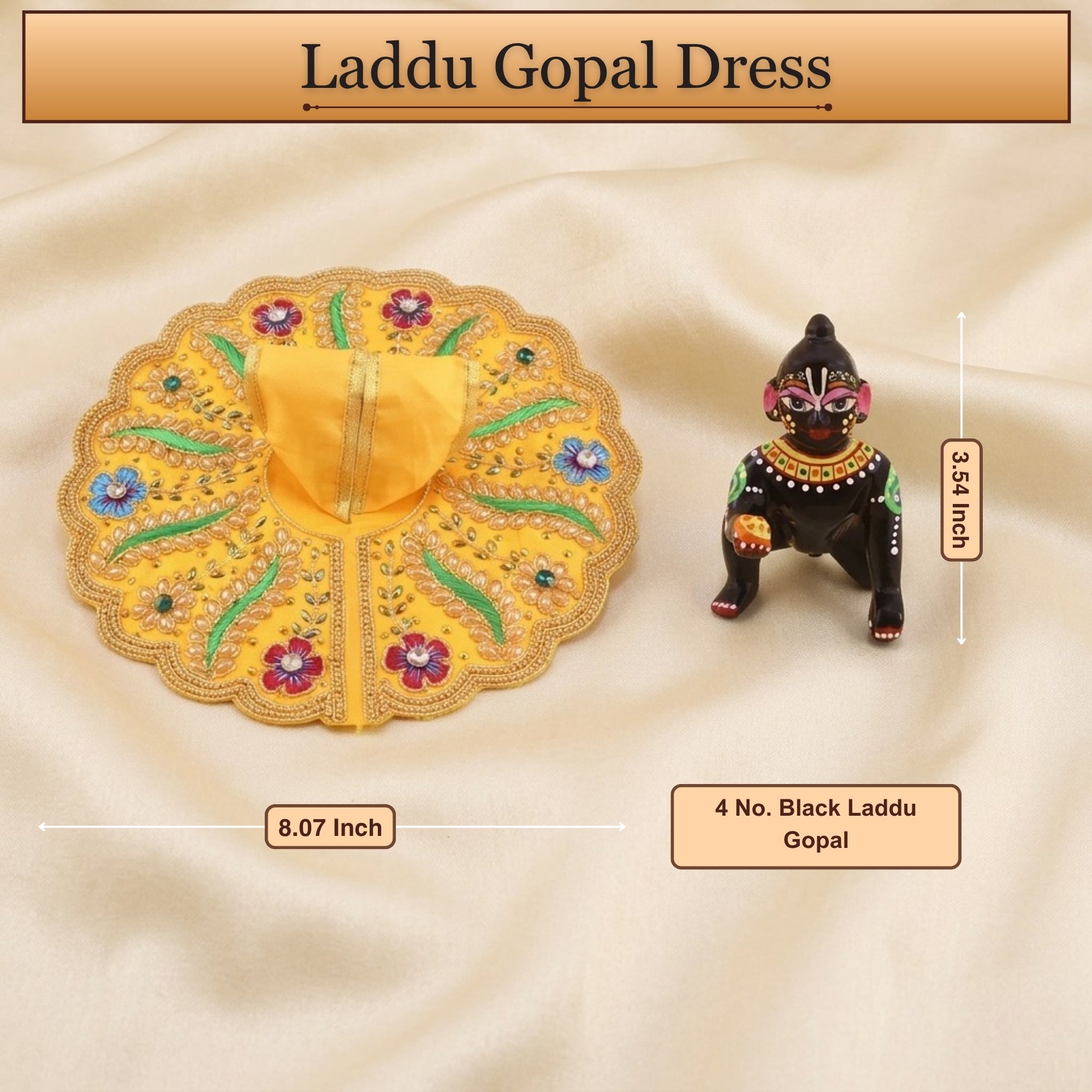 Size reference display for the yellow Laddu Gopal dress poshak