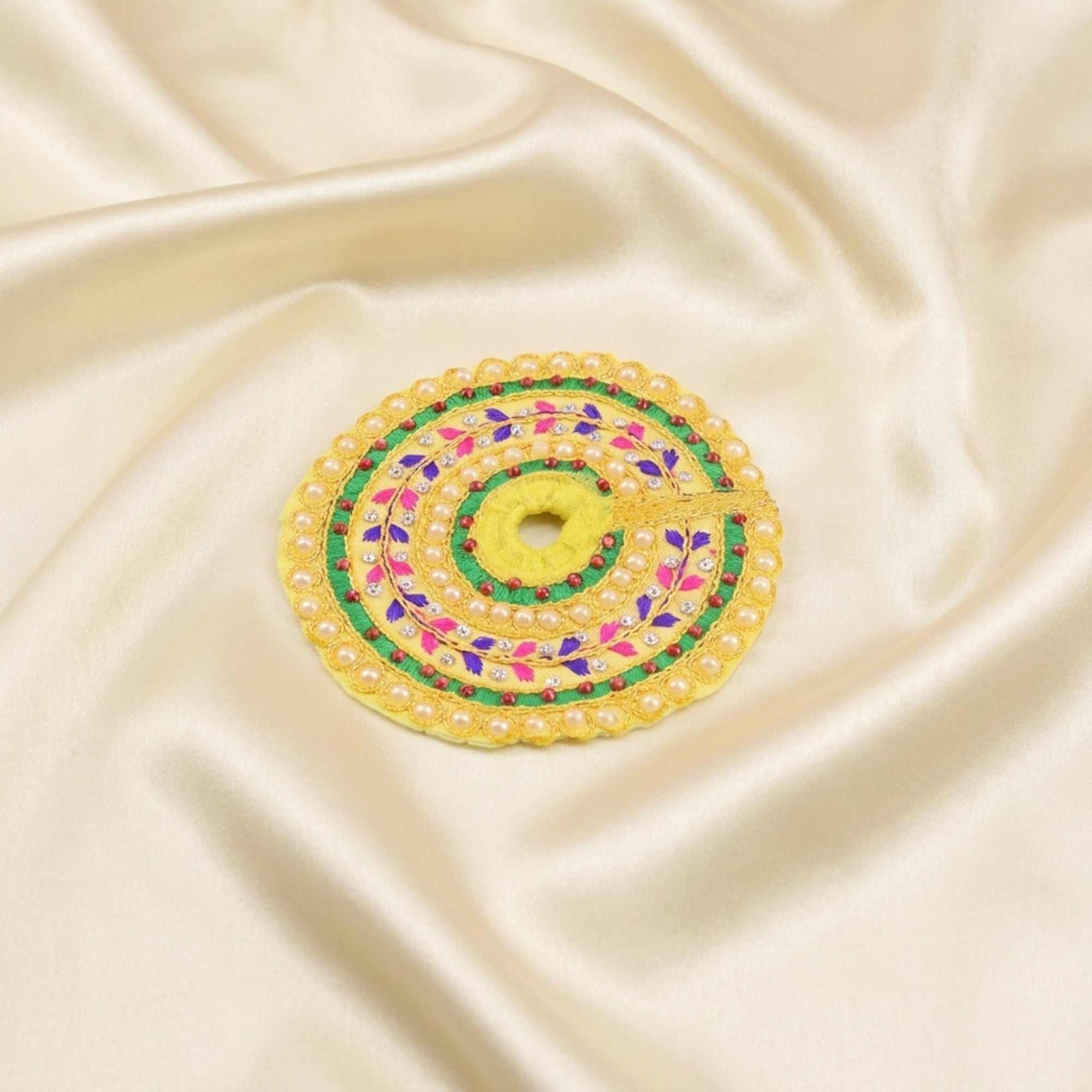 Laddu Gopal yellow dress with Patka and thread work displayed flat
